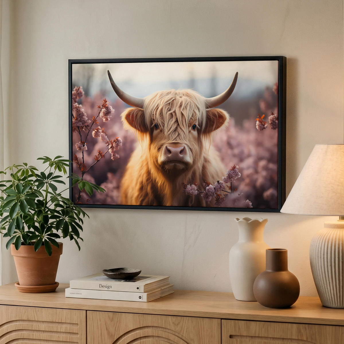 LEINWAND Bilder mit Rahmen - Schottischer Hochländer - Frühling - Hochland - 60x40 - Hellrosa, Textil (60/40cm) - MuchoWow