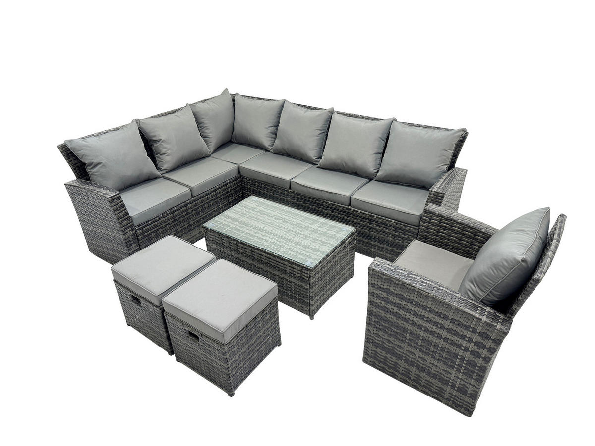 GARTEN-ECKSOFAGARNITUR mit Couchtisch Polyrattan Dunkelgrau 9-Sitzer - Dunkelgrau/Grau, Glas/Kunststoff - Fimous