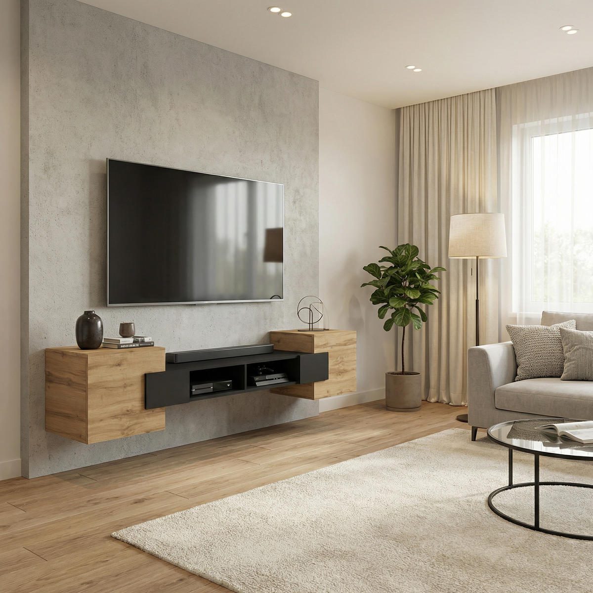 LOWBOARD TV TORINO Hängend + Stehend, Mattes Finish, Schwarz + Eiche Wotan - Eiche Wotan/Schwarz, Holzwerkstoff/Kunststoff (181/40/35cm) - Komodee