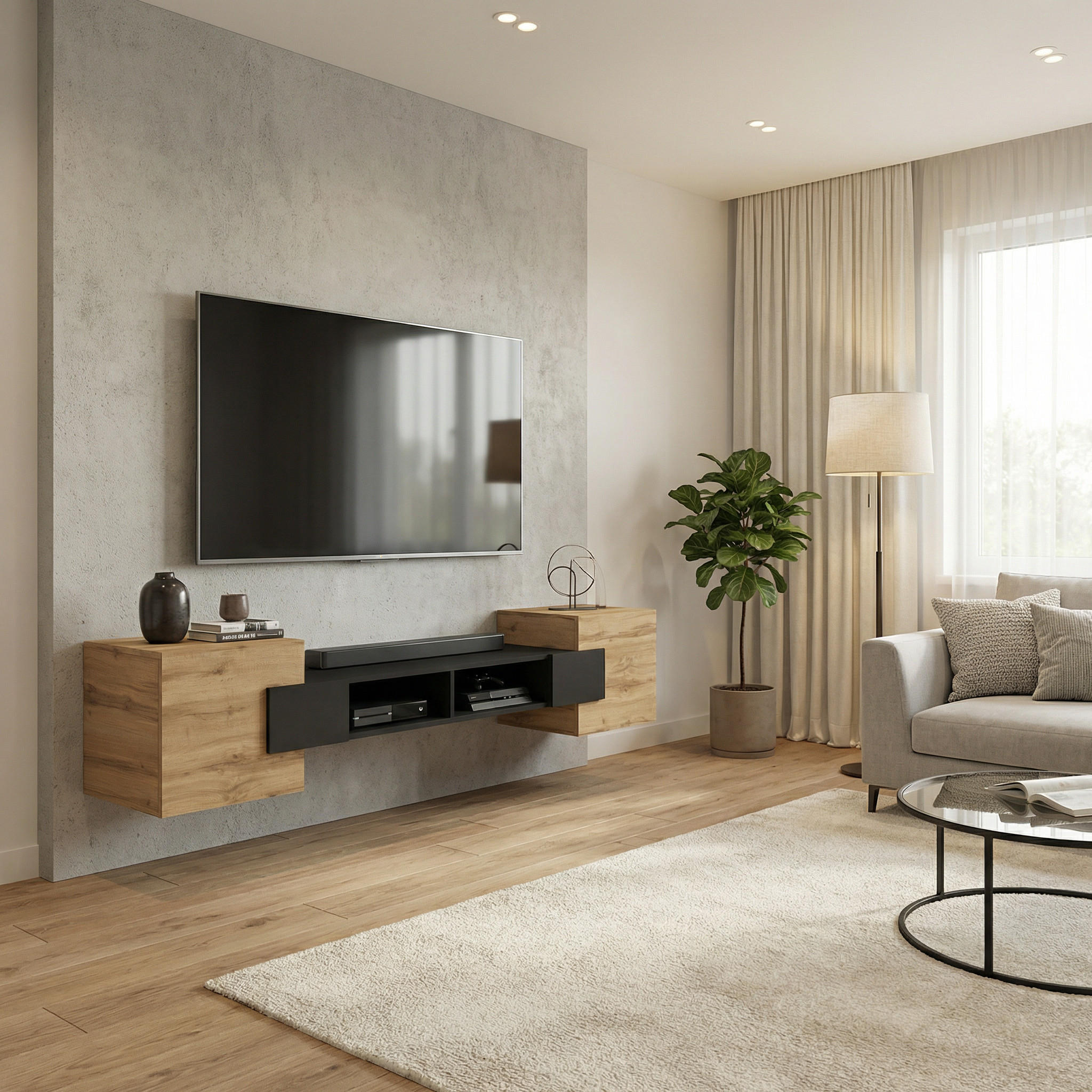 Thumbnail - Komodee Lowboard, Schwarz, Eiche Wotan, Holzwerkstoff, Rechteckig, 181x40x35 cm, Wohnzimmer, Wohnwände, Lowboards, Lowbo...