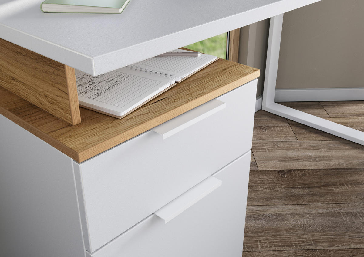 SCHREIBTISCH – Weiß/Beige, 140x61x74 cm, mit Container, stoßfest, Metallkufen - Weiß, Holz/Metall (61/140/74cm) - KADIMA DESIGN