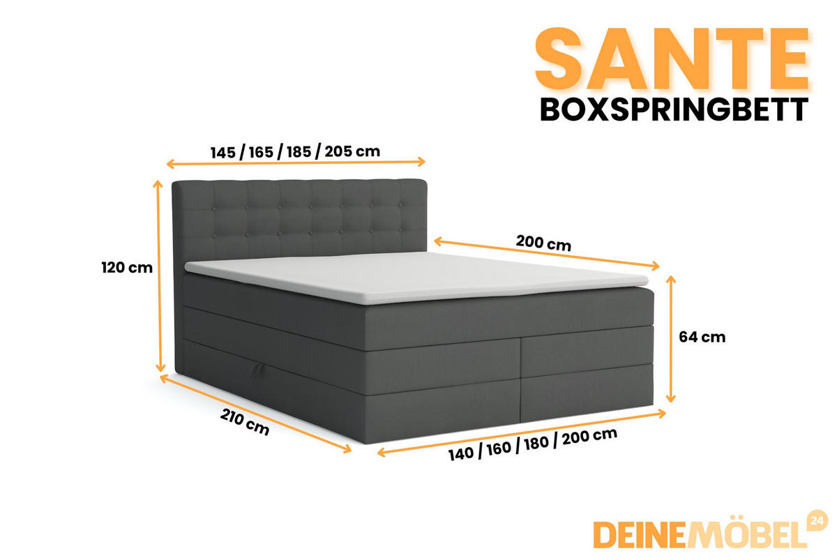 BOXSPRINGBETT SANTE 200/200 in Velour Dunkelgrau - Dunkelgrau, Holz/Holzwerkstoff (200/200cm) - Deine Möbel 24