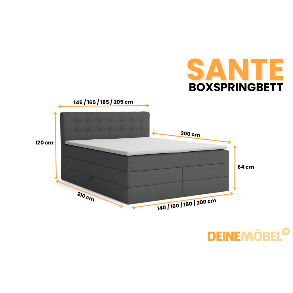 Thumbnail - Deine Möbel 24 Boxspringbett, Dunkelgrau, Holzwerkstoff, Holz, Textil, H3, 160x200 cm, Schlafzimmer, Betten, Boxspringbe...