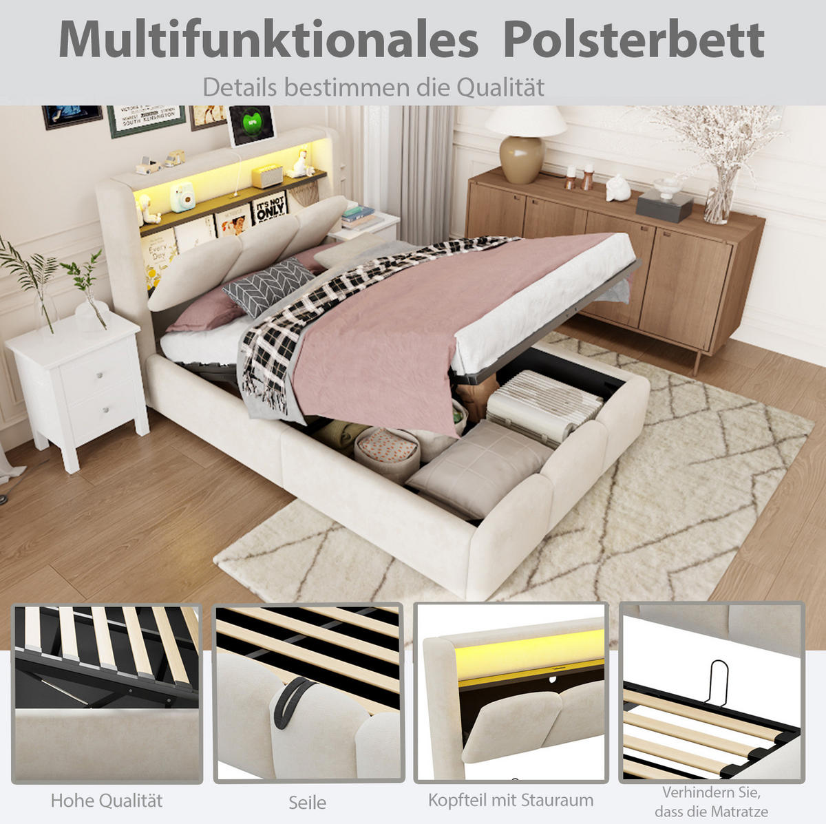 POLSTERBETT 90x200 cm in Beige mit LED, USB-C und hydraulischem Stauraum - Beige, Textil (90/200cm) - IVMEU