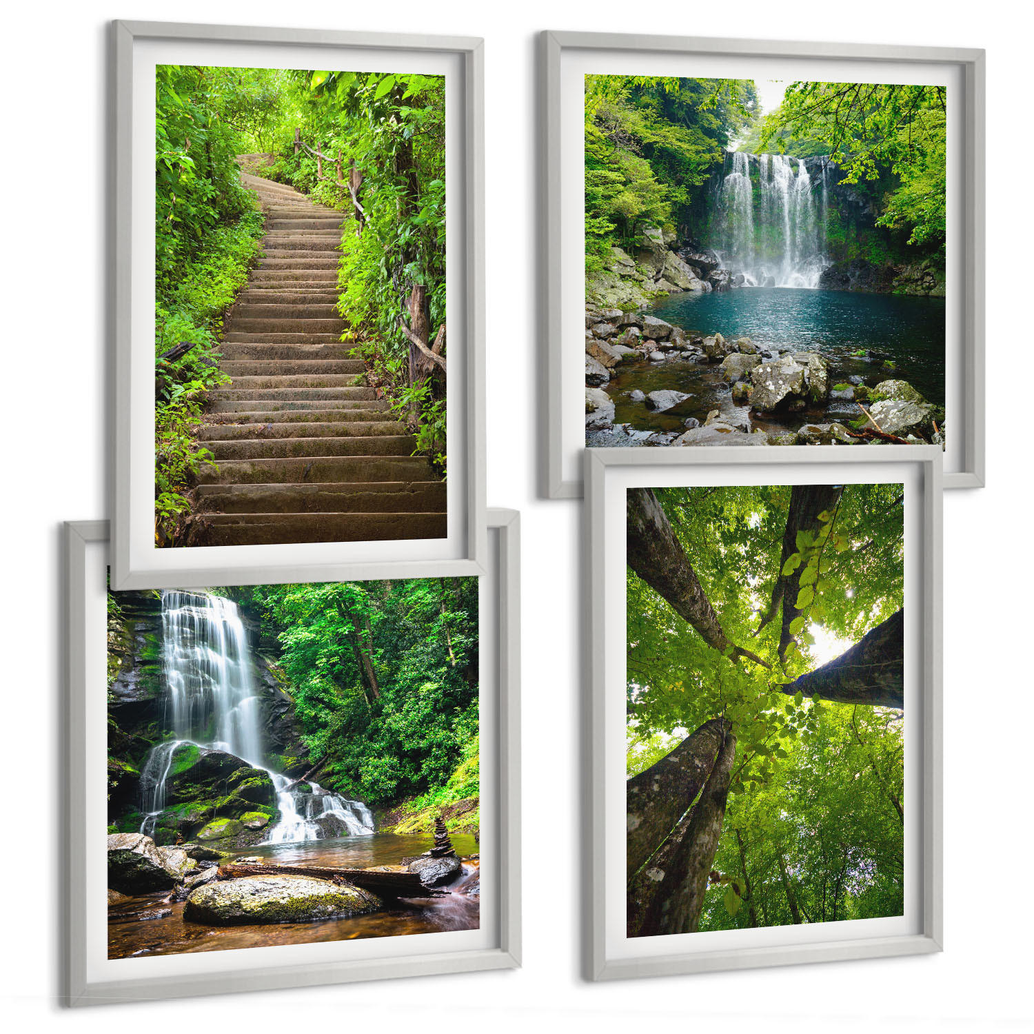 BILDER SET 4er Set - 50x50 cm & 40x60 cm Silberner Rahmen - Pfad Wald Wasserfall Vegetation - Silberfarben, Kunststoff (50/50cm) - TULUP