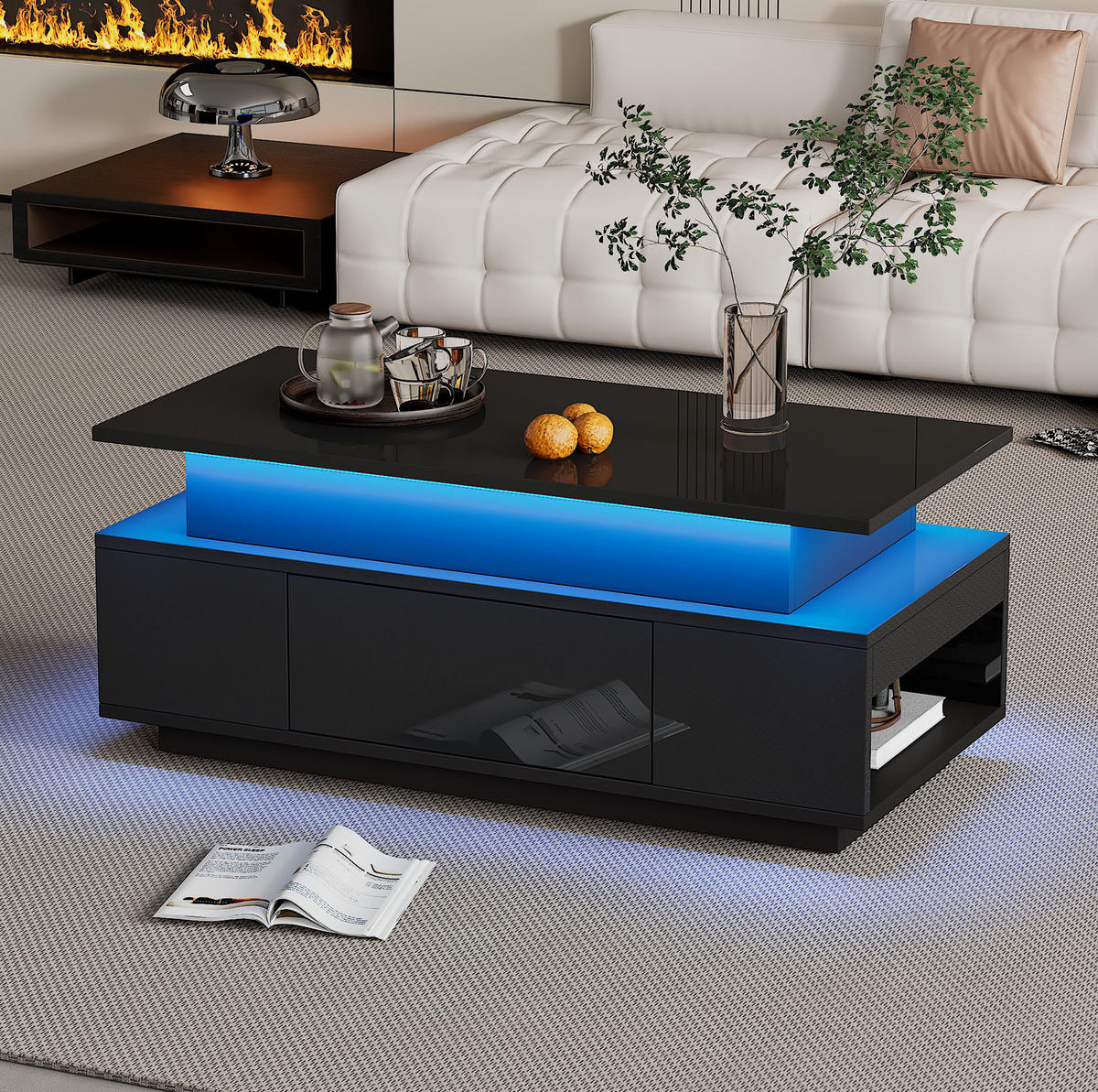 COUCHTISCH aus Spanplatte 96x45x40 cm Schwarz mit LED-Beleuchtung, Hubtischplatte und Stauraum - Schwarz, Holzwerkstoff (96/45/40cm) - IVMEU