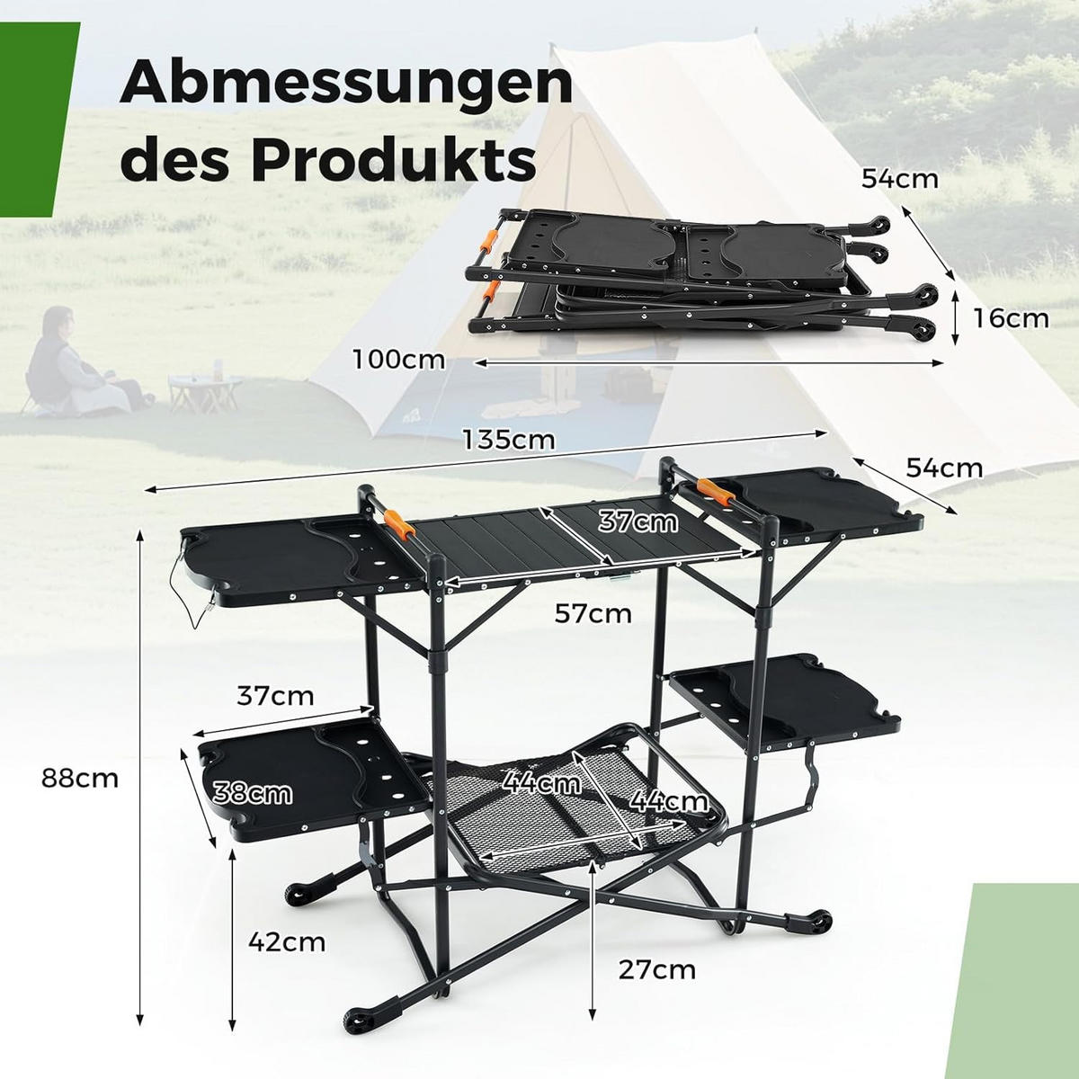 CAMPINGKÜCHE Schwarz - Schwarz, Metall (54/135/88cm) - COSTWAY
