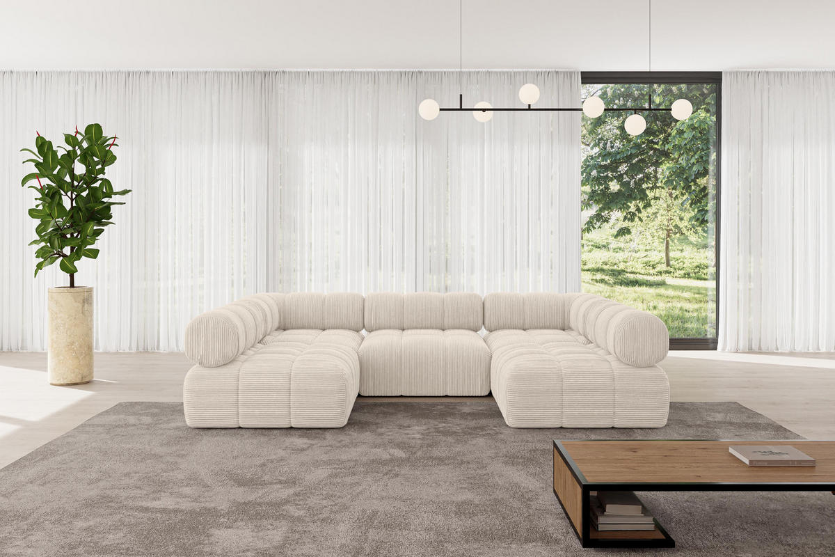 WOHNLANDSCHAFT modulares Sofa Garvo-U1 - 285x190x70 cm Beige Cord - Beige, Holzwerkstoff/Textil (285/70/190cm) - ALTDECOR