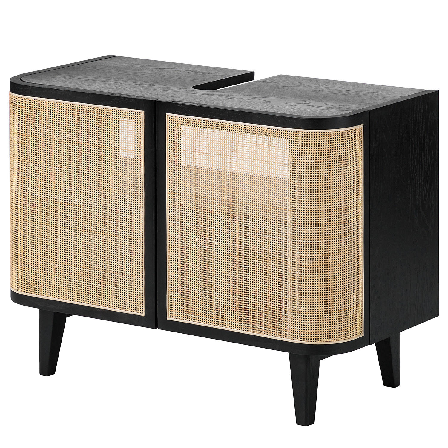 WASCHBECKENUNTERSCHRANK - Rattan / Eiche teilmassiv - Eichefarben/Schwarz, Naturmaterialien/Eichenholz (80/60/40cm) - home24