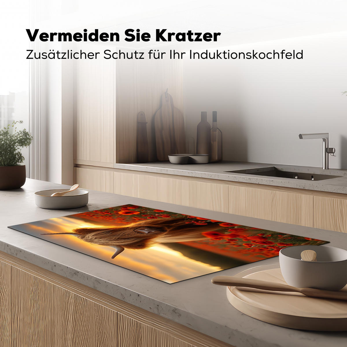 HERDABDECKPLATTE Schottische Highlander - Rosen - Blumenfeld - Sonnenuntergang Ceranfeldabdeckung 90x52 cm - Rotbraun, Kunststoff (90/52/0.2cm) - MuchoWow