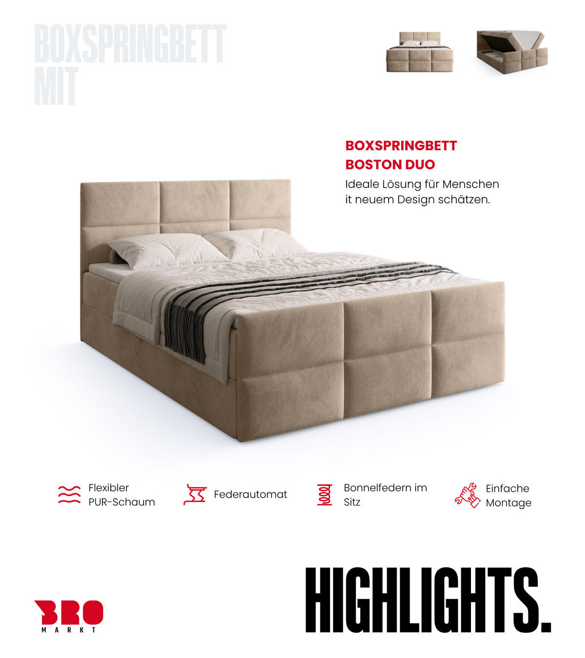 BOXSPRINGBETT Boston Duo Mit Bettkasten, Topper und Matratze Creme Paros 02 140x200 cm - Creme/Schwarz, Textil (140/200cm) - Bromarkt