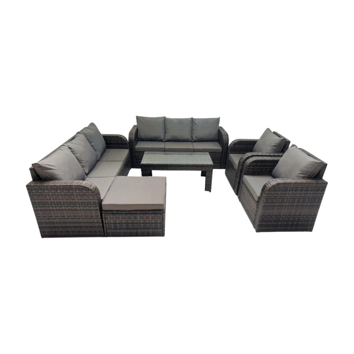 GARTENSOFA SET mit rechteckigem COUCHTISCH Polyrattan 9-Sitzer Dunkelgrau - Dunkelgrau/Grau, Glas/Kunststoff - Fimous