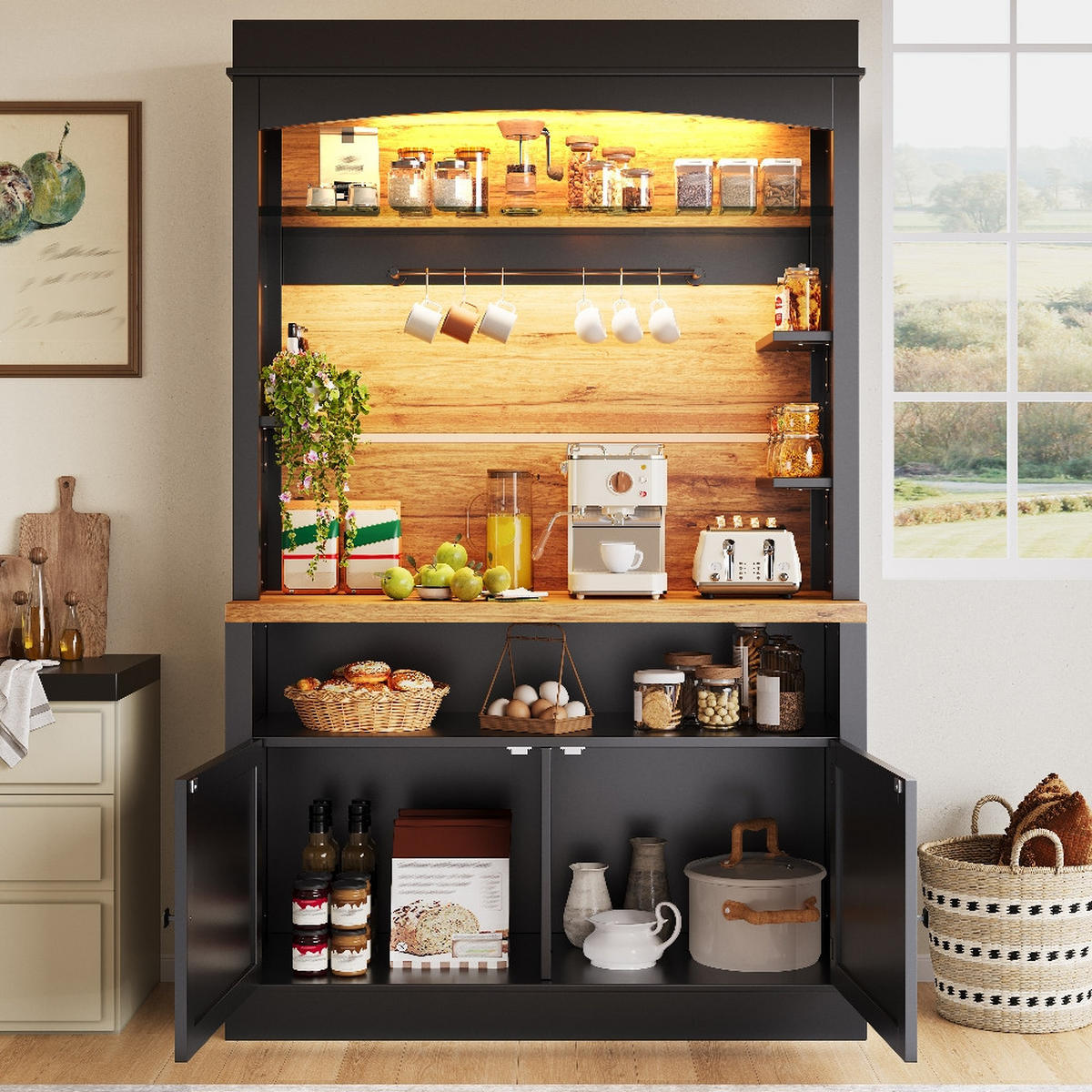 KÜCHENSCHRANK MIT LED-BELEUCHTUNG, Anrichte, MDF, Schwarz, 107/184/43 cm - Schwarz, Kunststoff (47/104/184cm) - Rolipo
