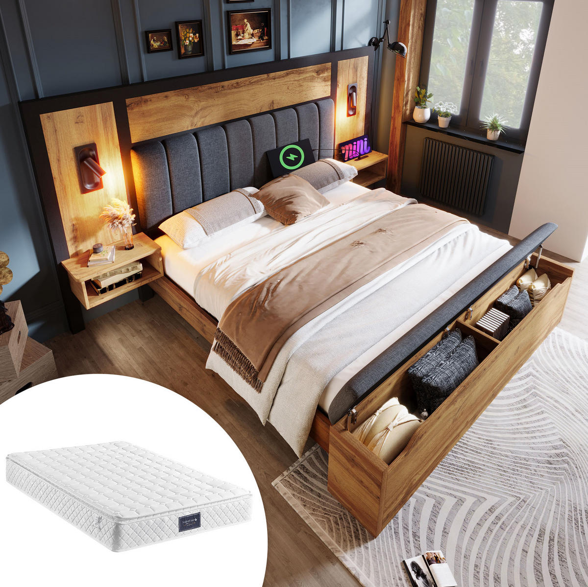 BETT mit Matratze und Stauraumbank 160x200 cm Eiche - Dunkelbraun, Holzwerkstoff (160/200cm) - Beauniv