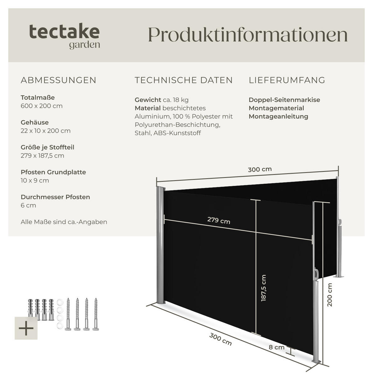 SEITENMARKISE doppelt, 200 x 600 cm,schwarz - Schwarz, Textil (200/10cm) - tectake