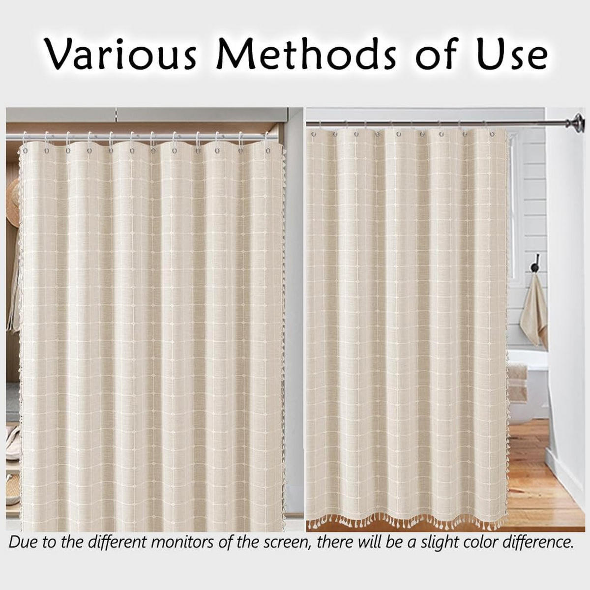 DUSCHVORHANG Beige kariert Boho Leinen Polyester dekorativ mit Haken - Weiß, Textil (90/180cm) - MCBOSON