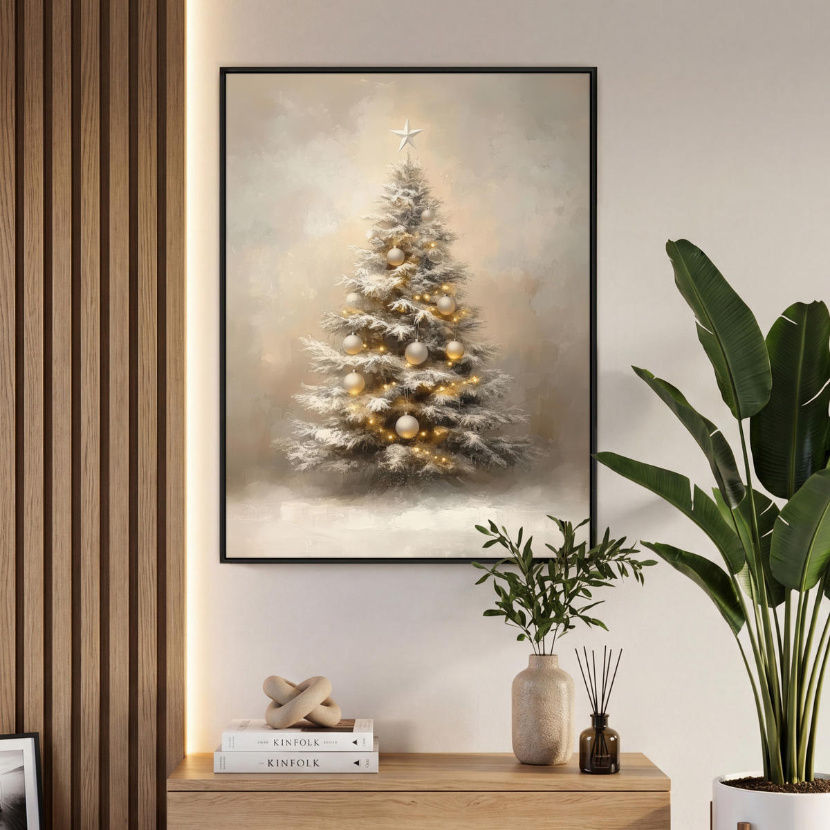 LEINWAND Bilder mit Rahmen - Weihnachten - Weihnachtsbaum - Schnee - Kunst - 70x100 - Champagner, Textil (70/100cm) - MuchoWow
