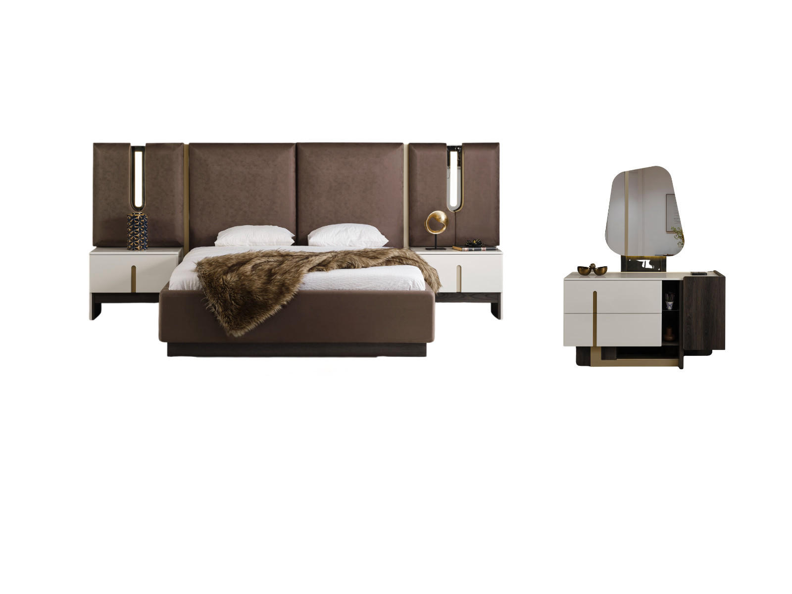 BETTANLAGE PEDRO BROWN Schlafzimmer-Set, 4-teilig, Braun, Bett mit Kopfteil, 2 Nachttische und Kommode - Braun, Leder/Holzwerkstoff (160/200cm) - Villa Möbel