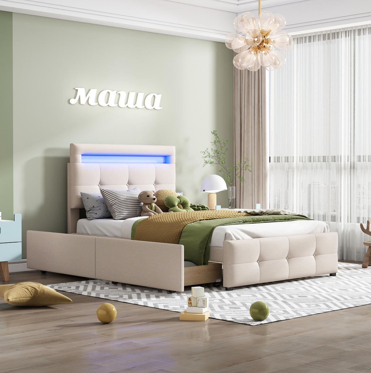 ČALÚNENÁ posteľ 90/200 cm s LED osvetlením a 2 zásuvkami, klasický štýl, odolná konštrukcia, Béžová - béžová, kompozitné drevo (90/200cm) - Redom