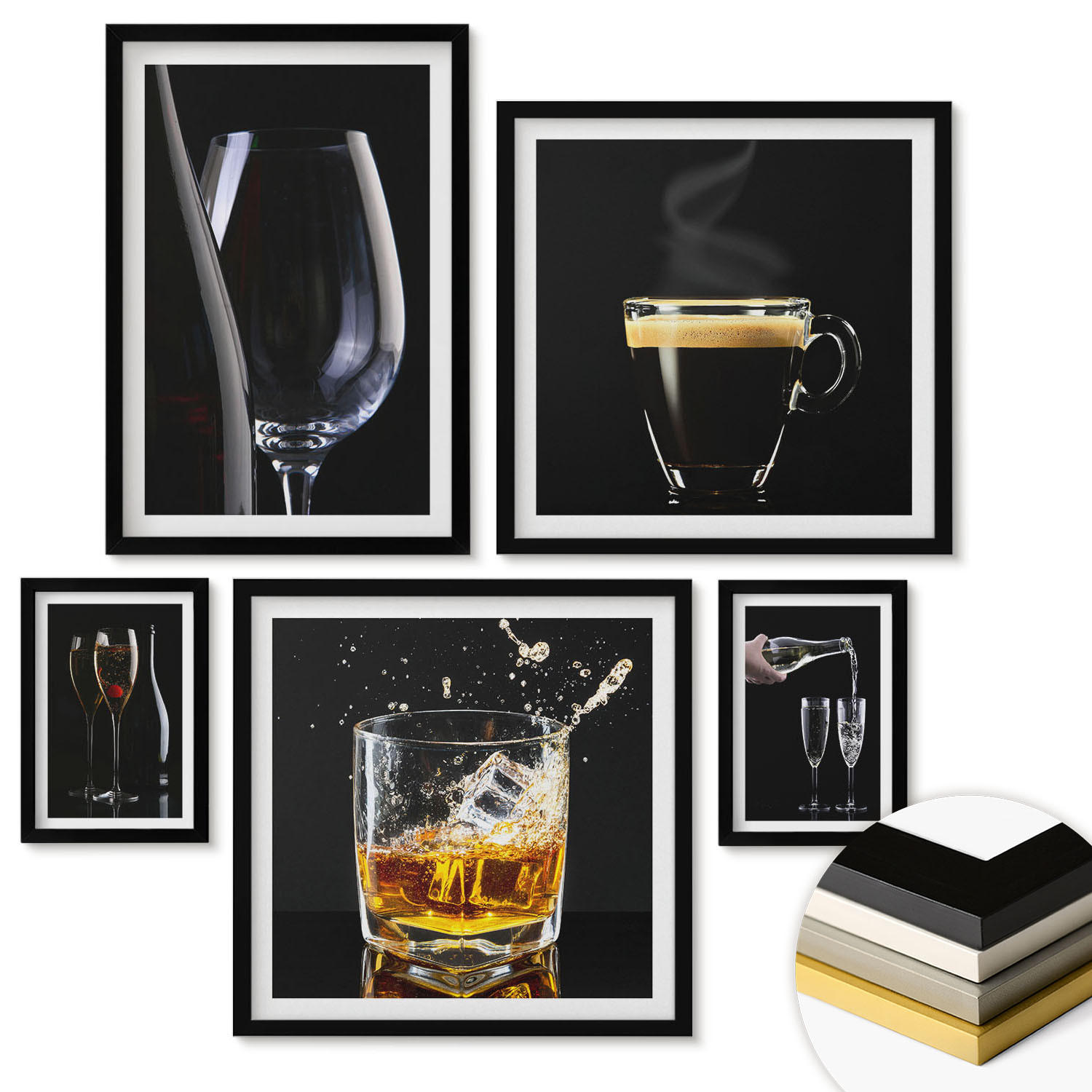 WANDBILDER 5er-Set - 50x50 cm & 20x30 cm & 40x60 cm Schwarzer Rahmen - Löwenzahn-Kalk-Kücheninschriften - Schwarz, Kunststoff (40/60cm) - ArtPrintCave