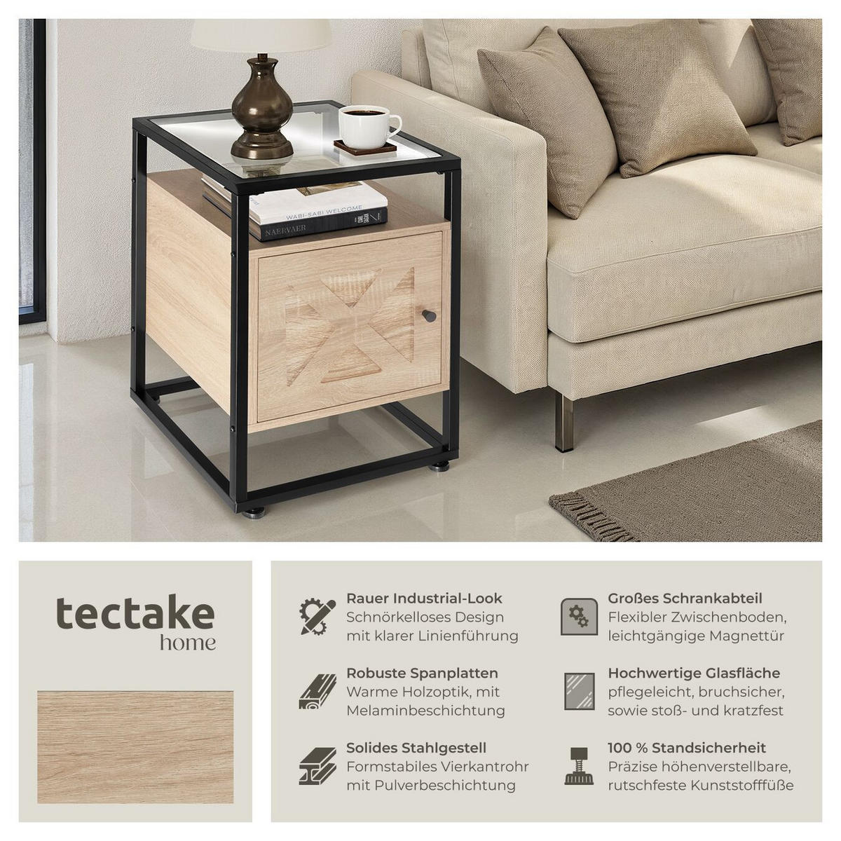 NACHTSCHRANK Kidderminster,40 x 43 60,5 cm,Industrial Holz hell, Eiche Sonoma - Naturfarben, Holzwerkstoff (43/60.5/40cm) - tectake