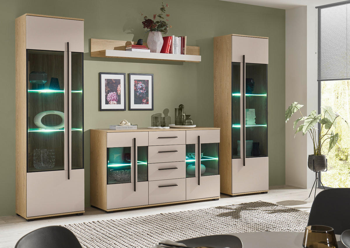 WOHNWAND Kaschmir, Eiche 4-teilig 290 cm, Wohnkombination mit Soft-Close - Kaschmir/Eichefarben, Glas/Holzwerkstoff (290/200/37cm) - Furn.Design