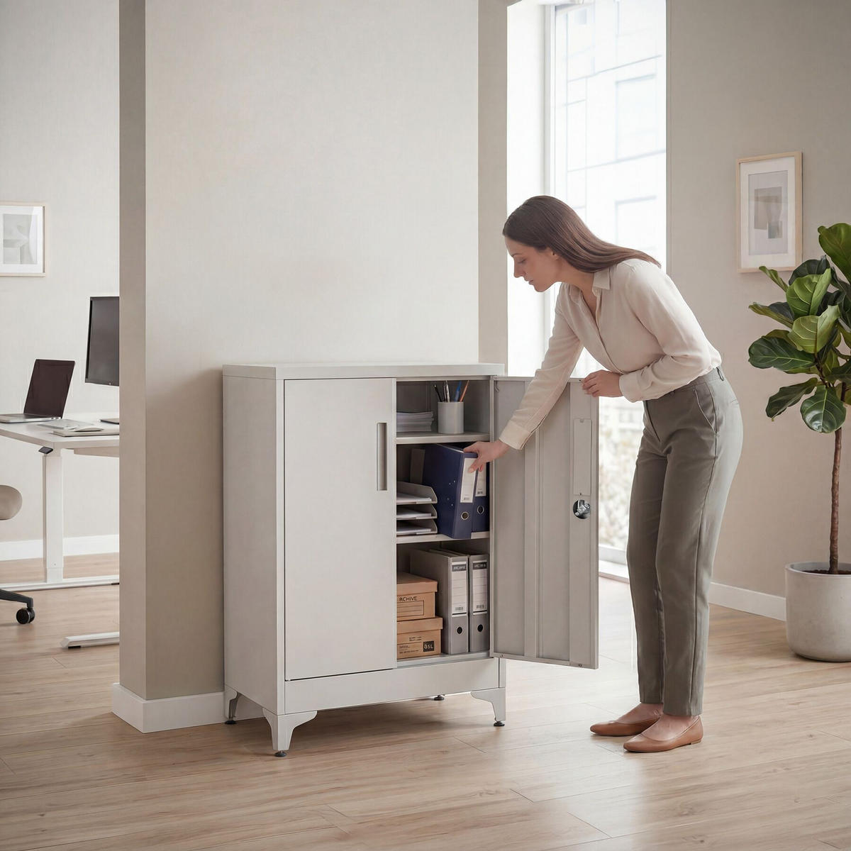 AKTENSCHRANK Blake, Kippschutz, höhenverstellbare Füße, grau - Grau, Metall (80/100/40cm) - tectake