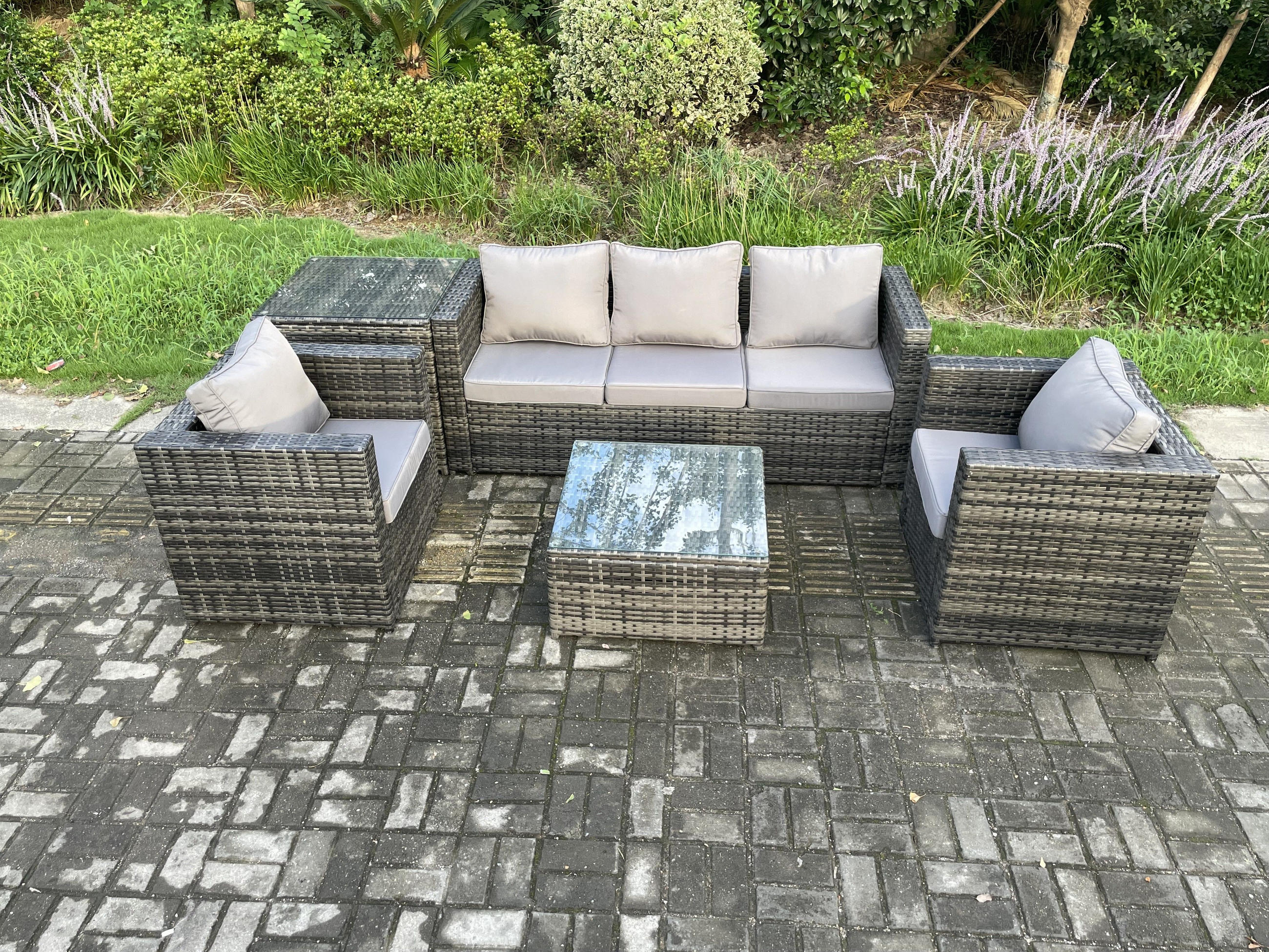 GARTENSET mit Beistelltisch Polyrattan 5-Sitzer - Dunkelgrau, Metall - Fimous