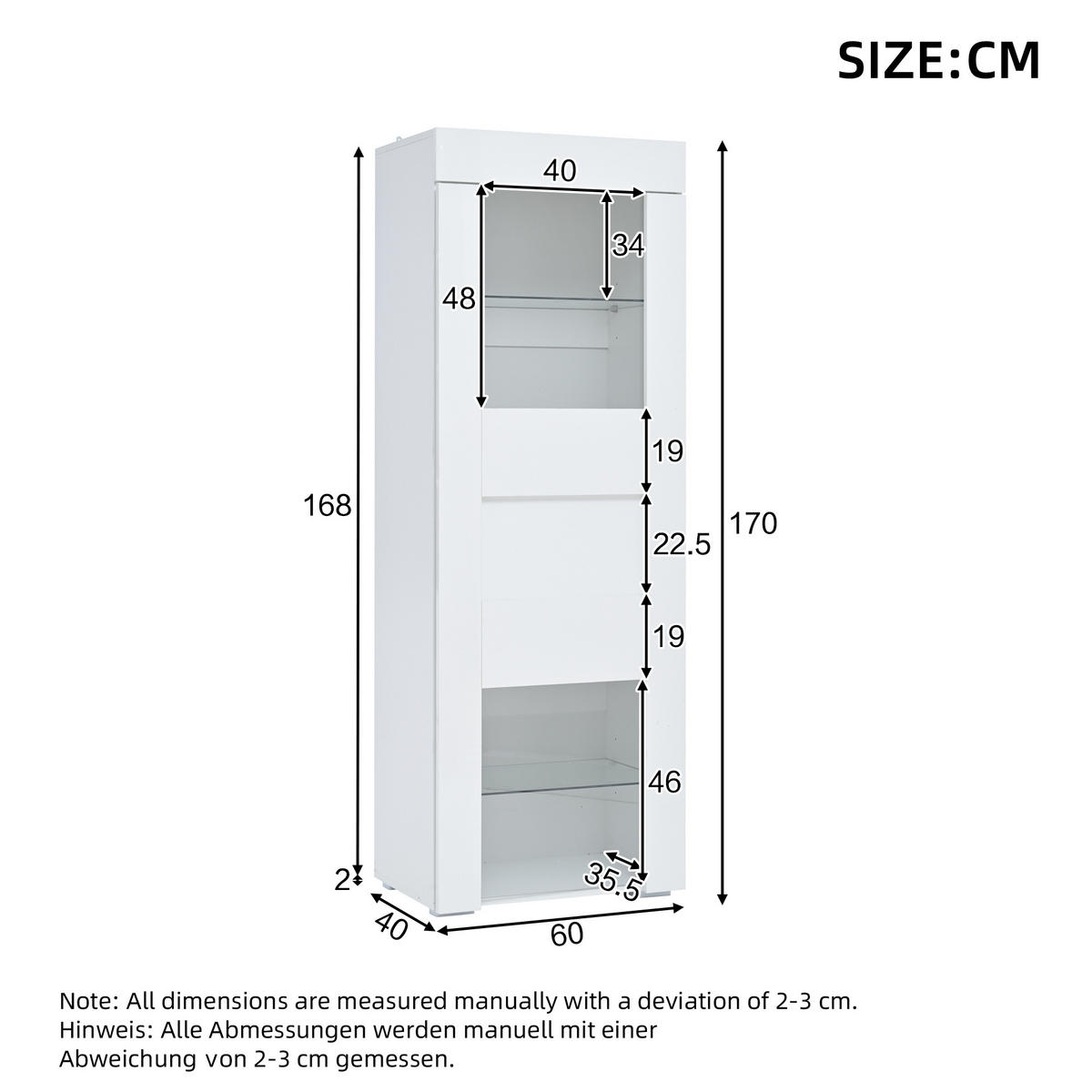 VITRINE LED Hochglanz Schrank Acryl Tür 2 Glasböden Weiß 170cm - Weiß, Glas (60/170/40cm) - FLIEKS