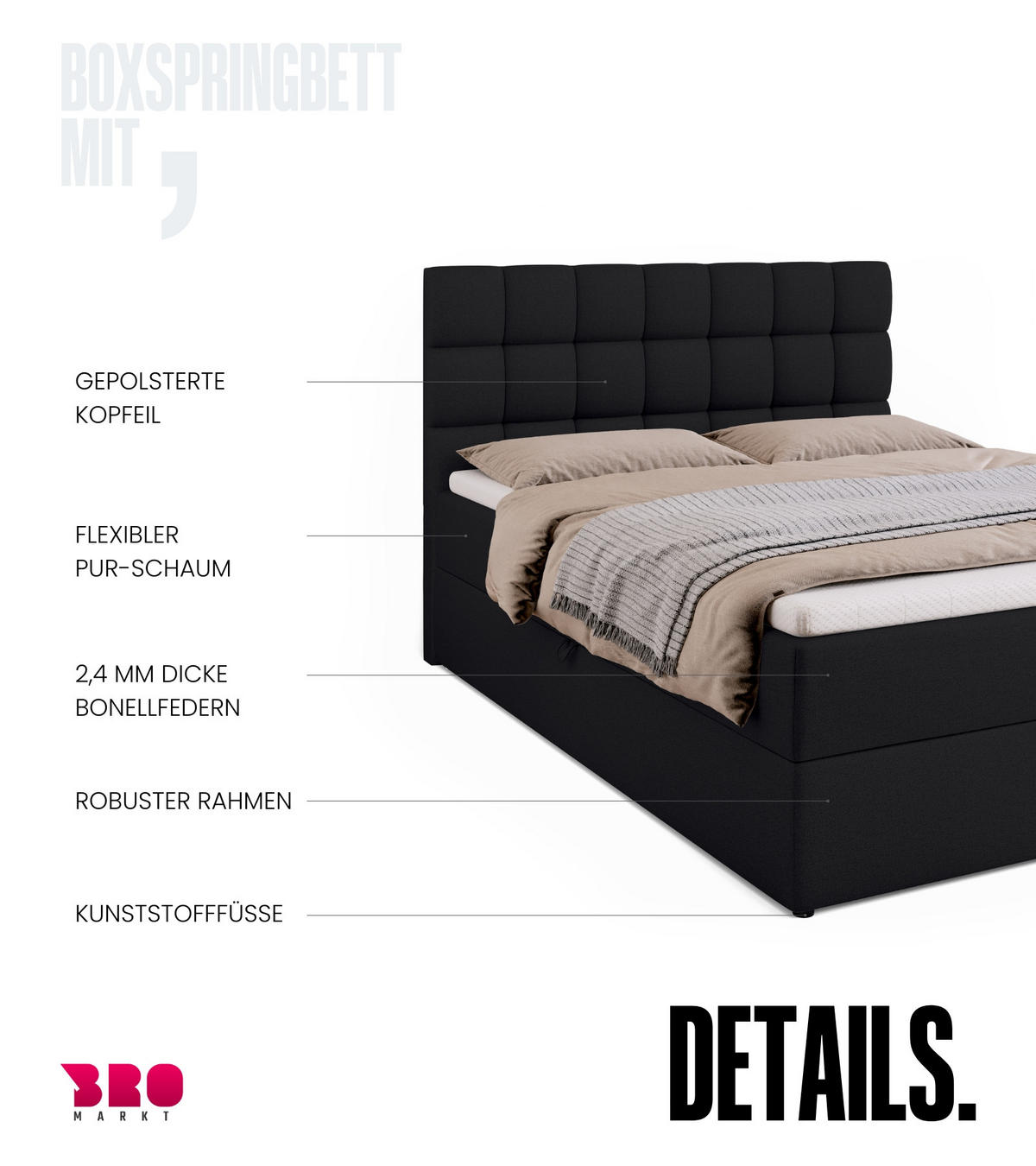 BOXBETT Dakota mit Topper 140/200 Schwarz - Schwarz, Textil (140/200cm) - Bromarkt
