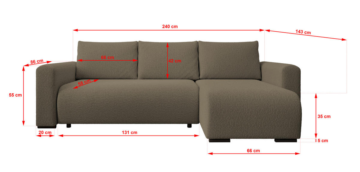 ECKSOFA DORA L, Eckcouch in L-Form mit Schlaffunktion und Bettkasten, Farbe: Cappuccino, Bouclé-Stoff, Ottomane Rechts - Cappuccino, Textil (240/143cm) - Storez24