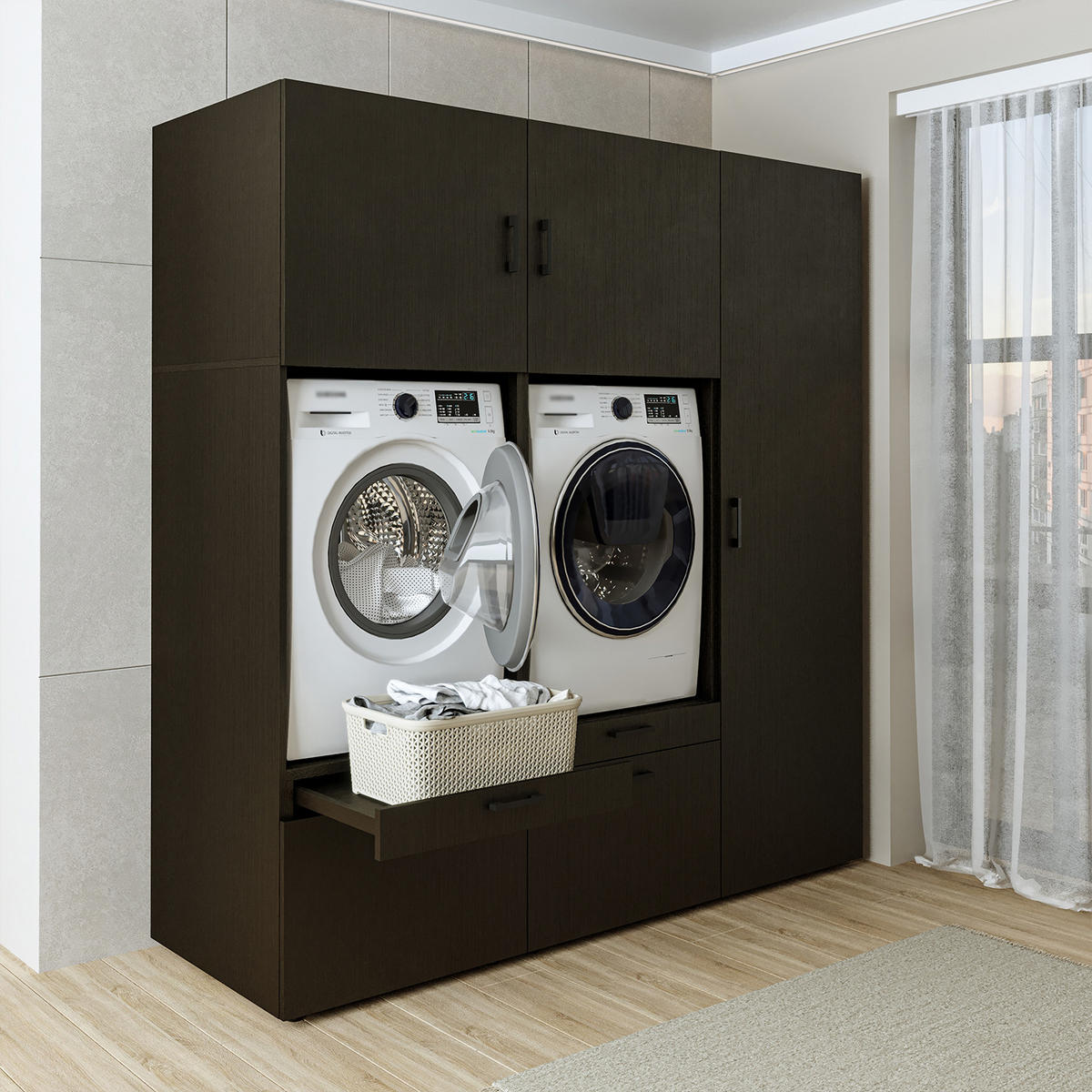 WASCHMASCHINENSCHRANK Serie 2 194cm Breit, 205cm Hoch - Schwarz, Holzwerkstoff (194/205/67cm)