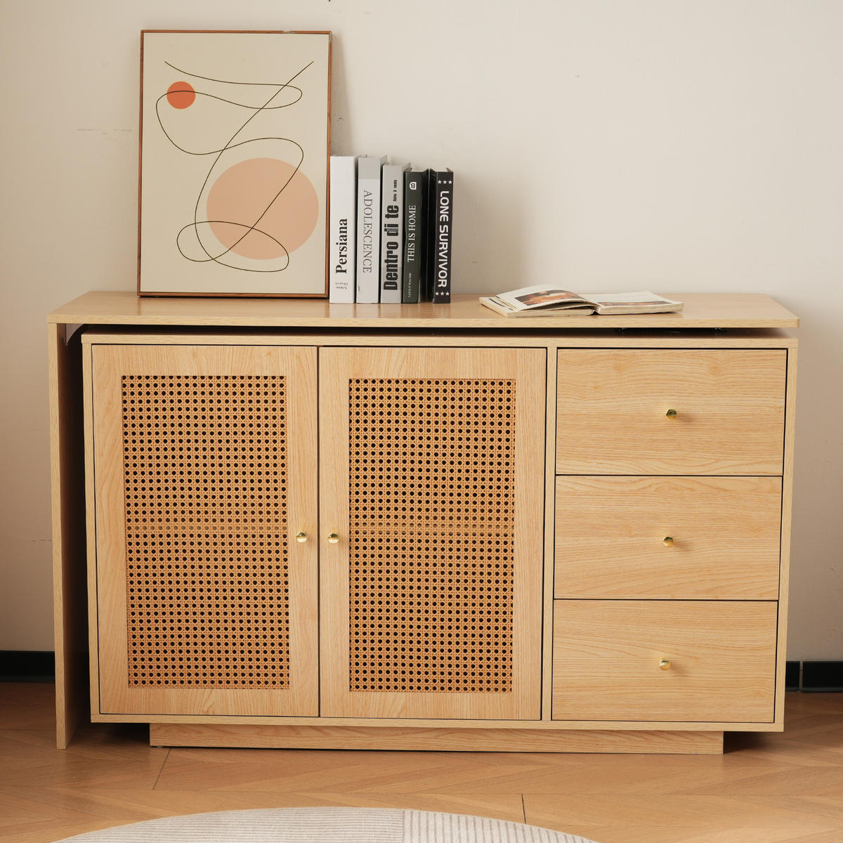 SCHREIBTISCH in Naturfarben L-förmig Eck-Computertisch mit Rattantüren Frisiertisch Büro Homeoffice B126/T40/H75cm - Naturfarben, Holzwerkstoff (40/126/75cm) - STILVORA