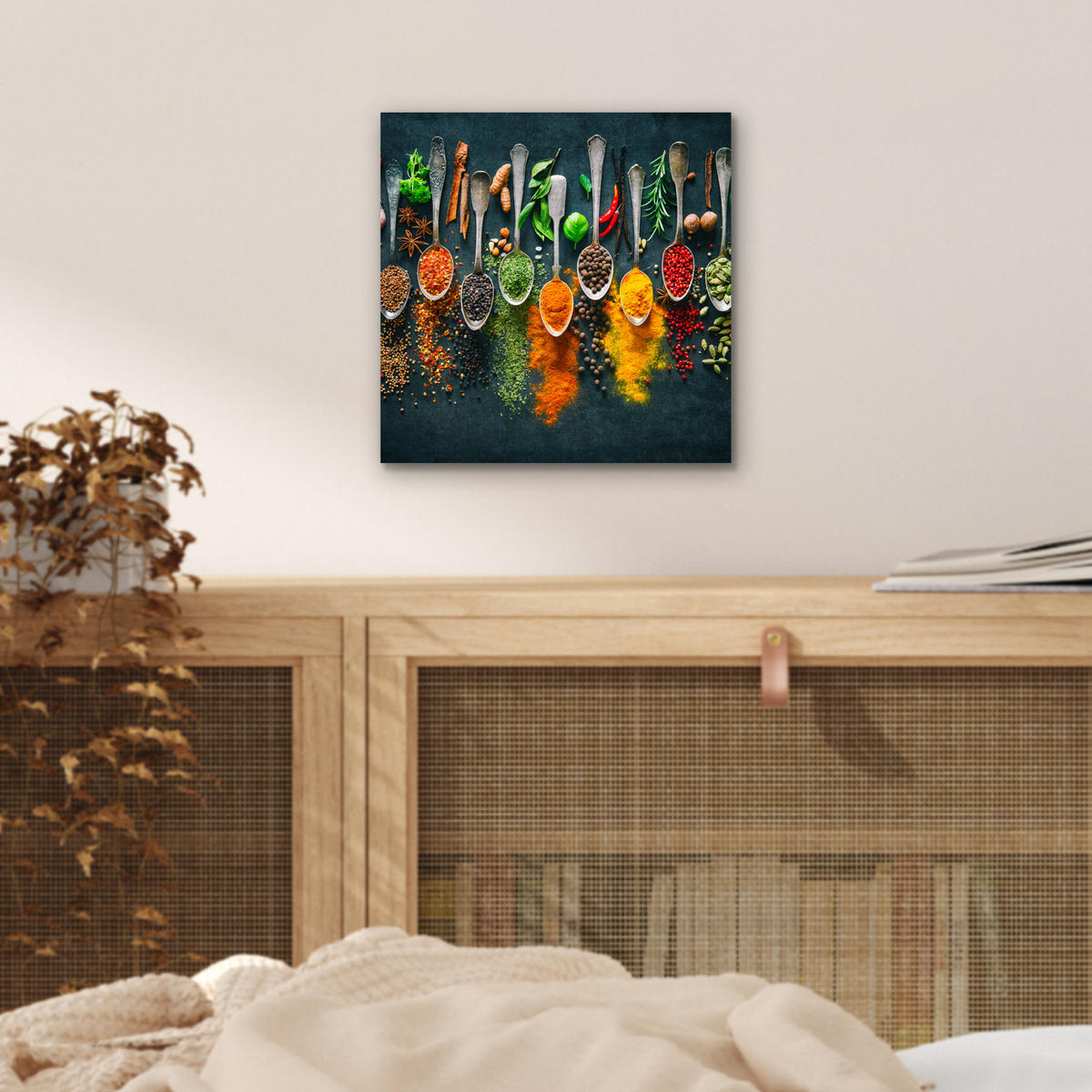 KOVOVÝ OBRAZ Bylinky - korenie - lyžičky 20x20 cm - kari žltá, kov (20/20cm) - MuchoWow