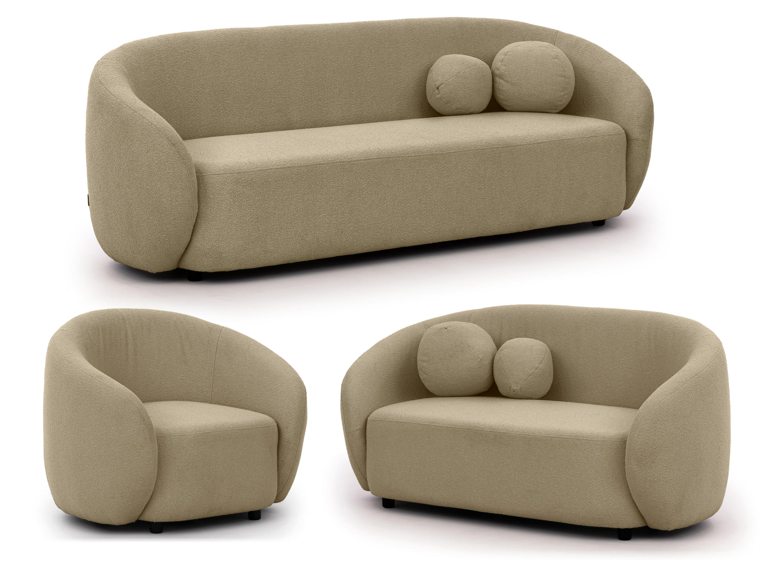 SITZGARNITUR 3+2+1 Roundi Beige Bouclé - Beige/Schwarz, Holz/Kunststoff (208/76/80cm) - S-Style Möbel