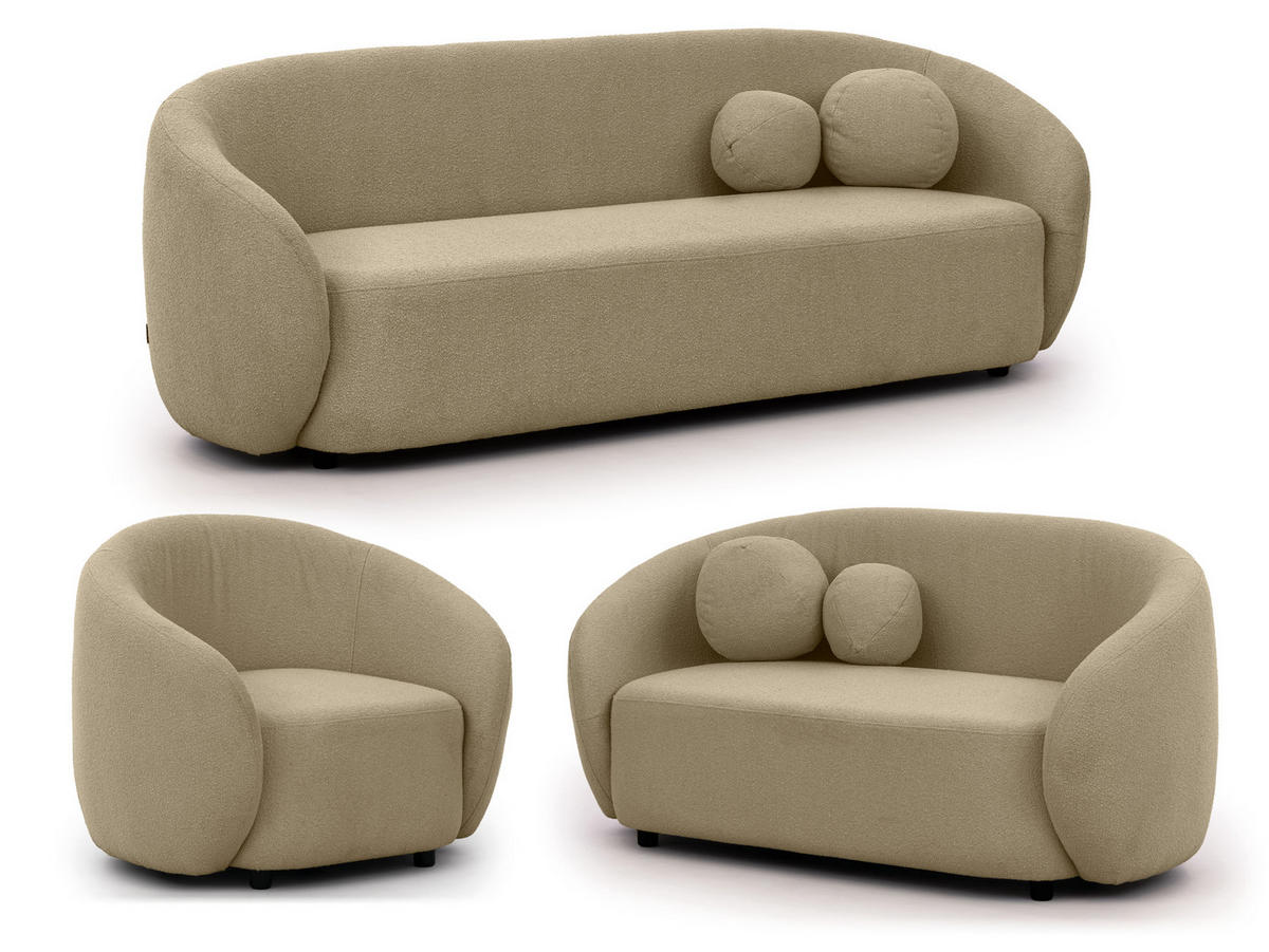 SITZGARNITUR 3+2+1 Roundi Beige Bouclé - Beige/Schwarz, Holz/Kunststoff (208/76/80cm) - S-Style Möbel