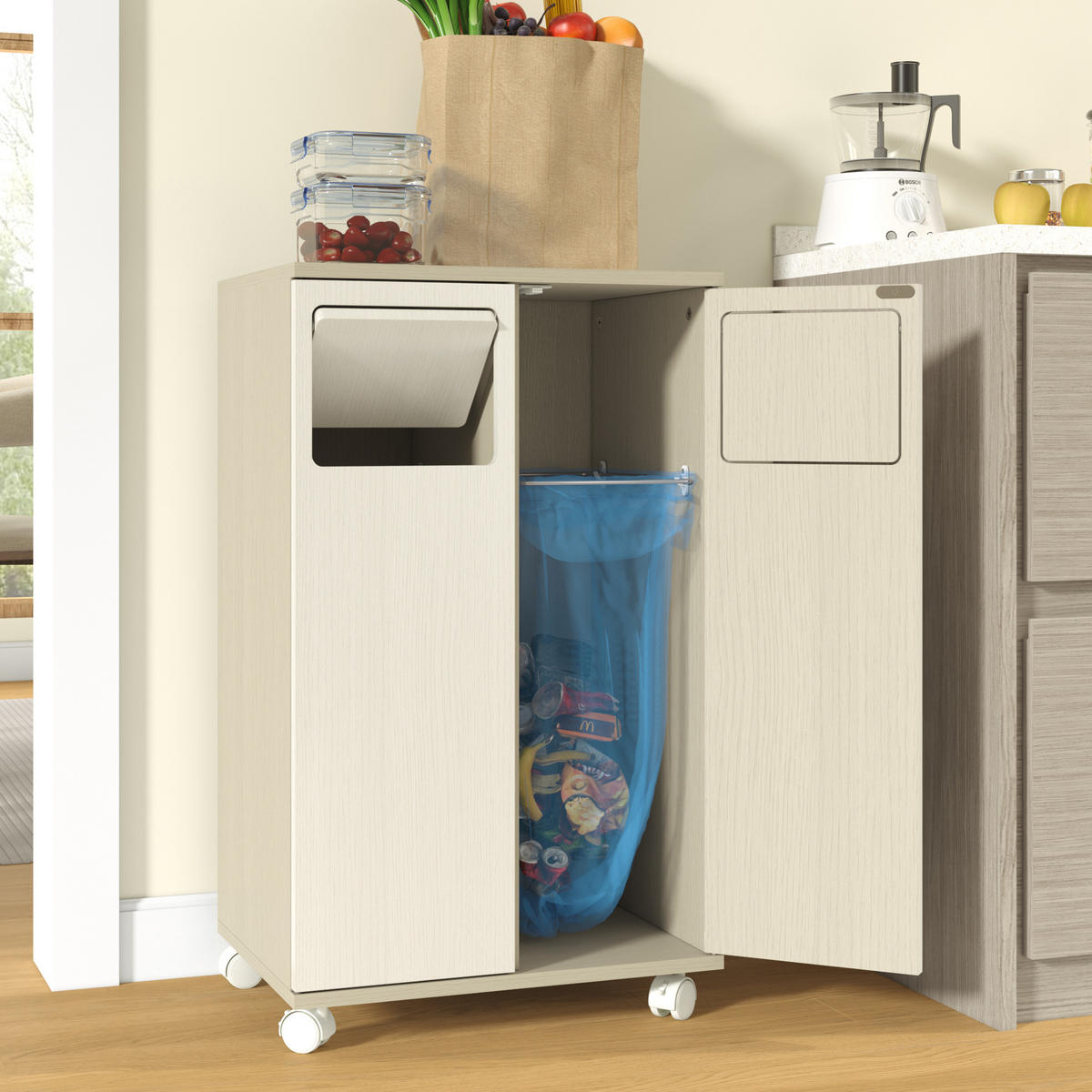 MÜLLSCHRANK DE-38851 46,7/35/80 cm 2 Fächer und Rollen Creme - Creme, Holzwerkstoff (46.7/80/35cm) - ComfortXL