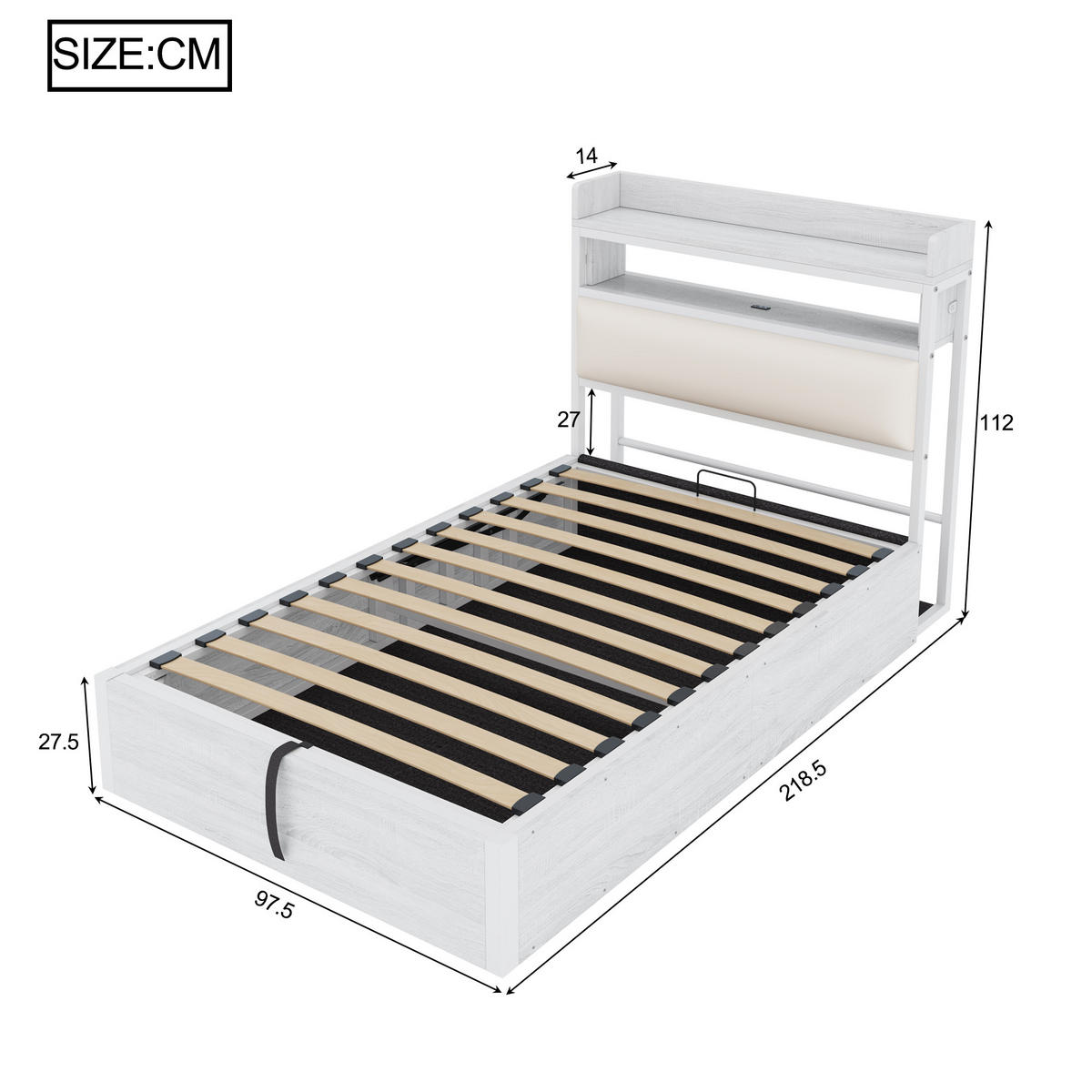 POLSTERBETT 90/200 cm weiß aus Metall und Holz mit Stauraum und USB - Weiß, Metall (90/200cm) - OKWISH