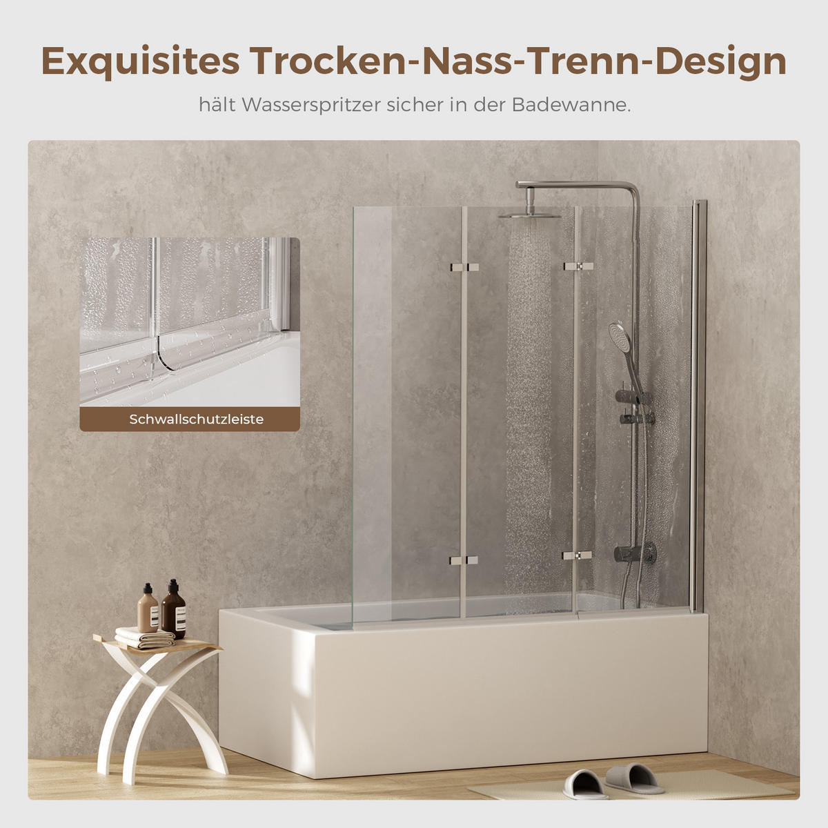 BADEWANNENAUFSATZ 130/140 cm Chrom 3-tlg. faltbar 6 mm mit beidseitiger Nano-Beschichtung - Chromfarben, Glas (130/140cm) - S'AFIELINA