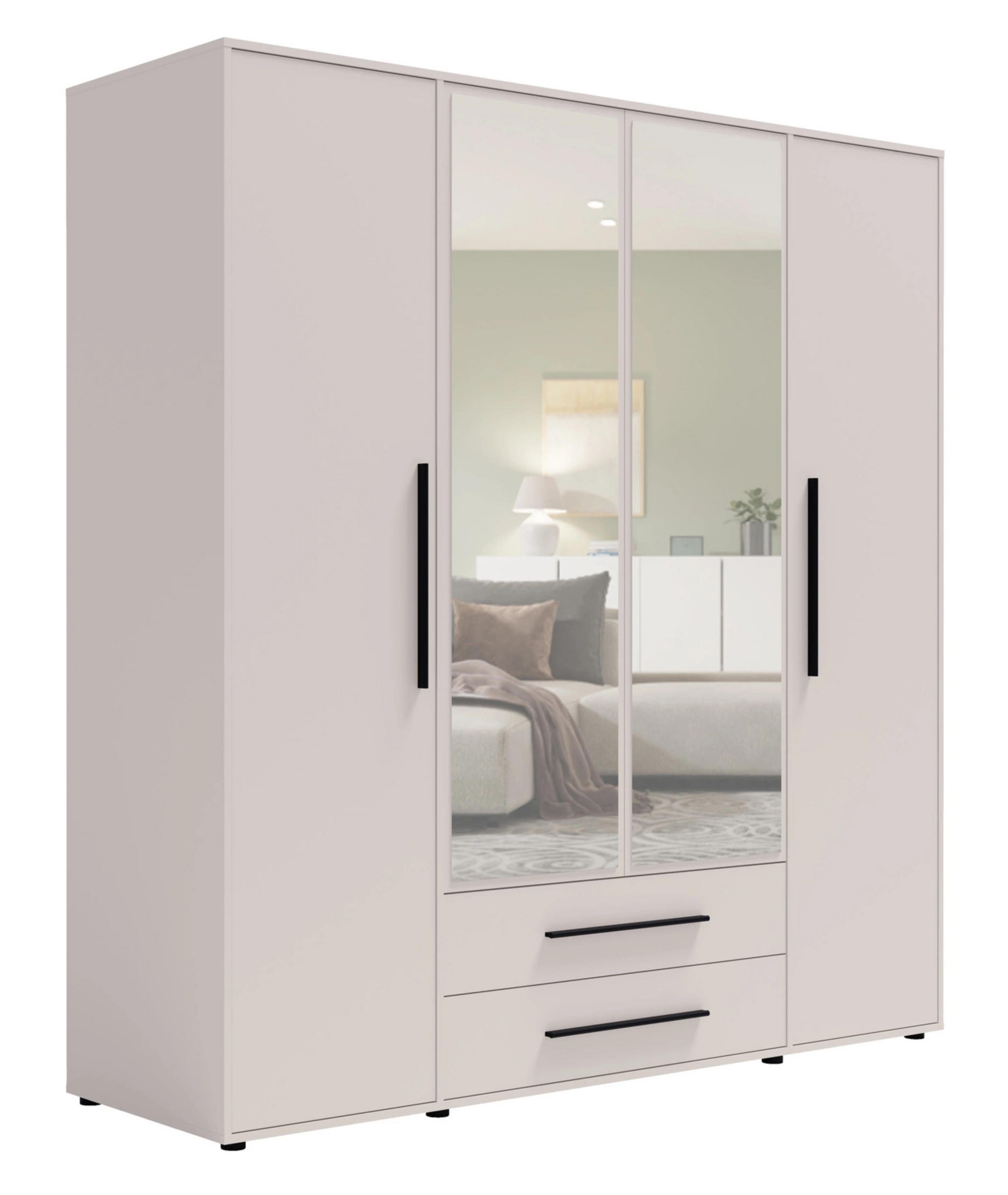 KLEIDERSCHRANK Modena in Kaschmirfarbe, mit Spiegel, mit Tür, mit Türen und Schubladen - Kaschmir/Schwarz, Holzwerkstoff/Kunststoff (200/206/59cm) - Ravio