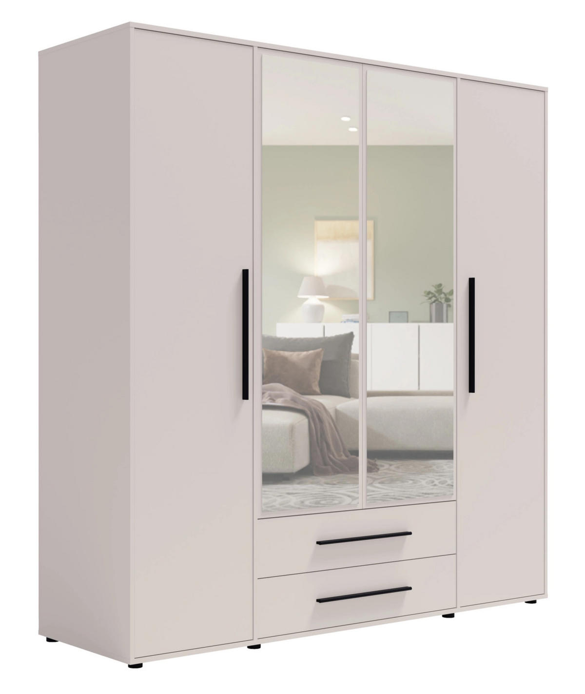 KLEIDERSCHRANK Modena in Kaschmirfarbe, mit Spiegel, mit Tür, mit Türen und Schubladen - Kaschmir/Schwarz, Holzwerkstoff/Kunststoff (200/206/59cm) - Ravio