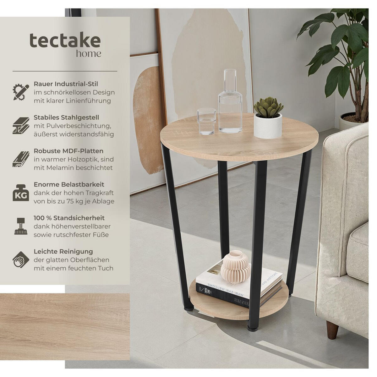 BEISTELLTISCH Swindon,50 x 62,5 cm,Industrial Holz hell, Eiche Sonoma - Naturfarben, Holz (50/50/62.5cm) - tectake