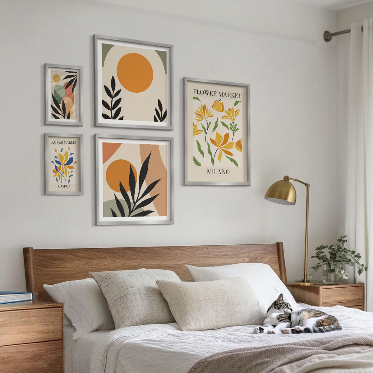 WANDBILDER 5er Set - 50x50 cm & 20x30 cm & 40x60 cm Silberner Rahmen - Abstrakte geometrische Formen - Silberfarben, Kunststoff (40/60cm) - ArtPrintCave