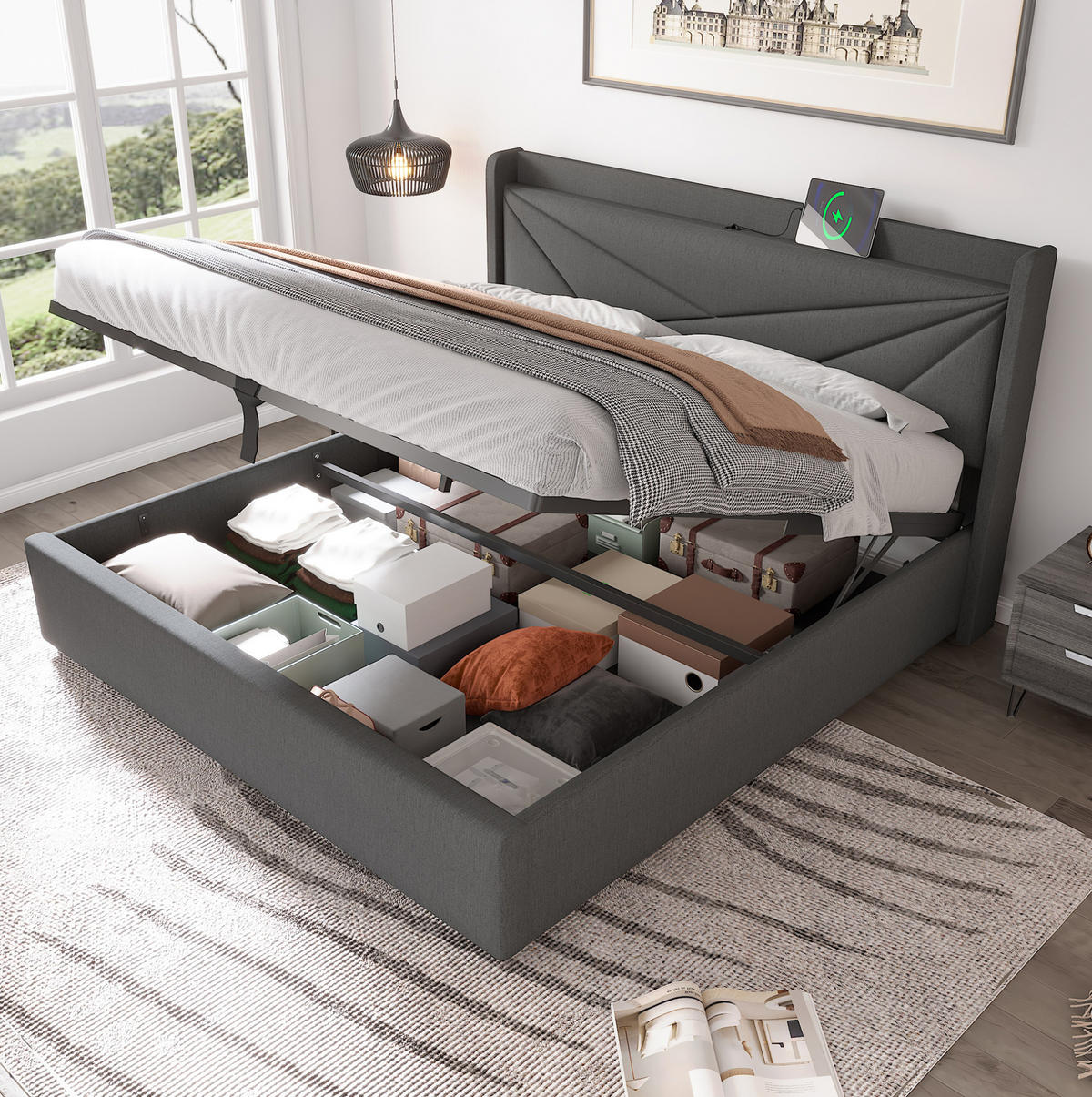 POLSTERBETT mit Bettkasten USB/Typ-C 140x200 cm Grau - Grau, Metall (140/200cm) - Meubliv