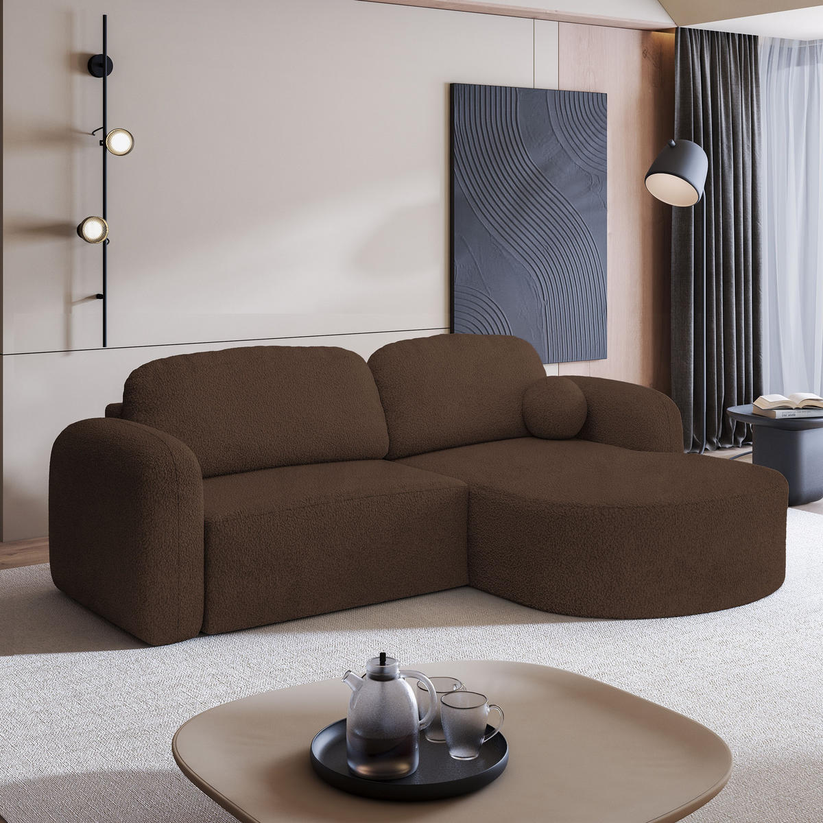 ECKSOFA AMILIA R-S Braun Boucle-Stoff mit Schlaffunktion - Braun, Holz (263/174cm) - MASSENO