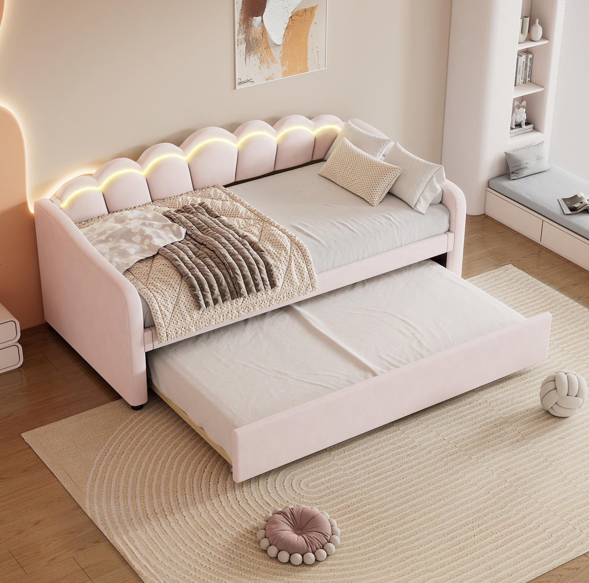 TAGESBETT 90/200 cm mit ausziehbarem Rollbett, LED-Beleuchtung und Samtbezug, Rosa - Rosa, Textil (90/200cm) - Redom