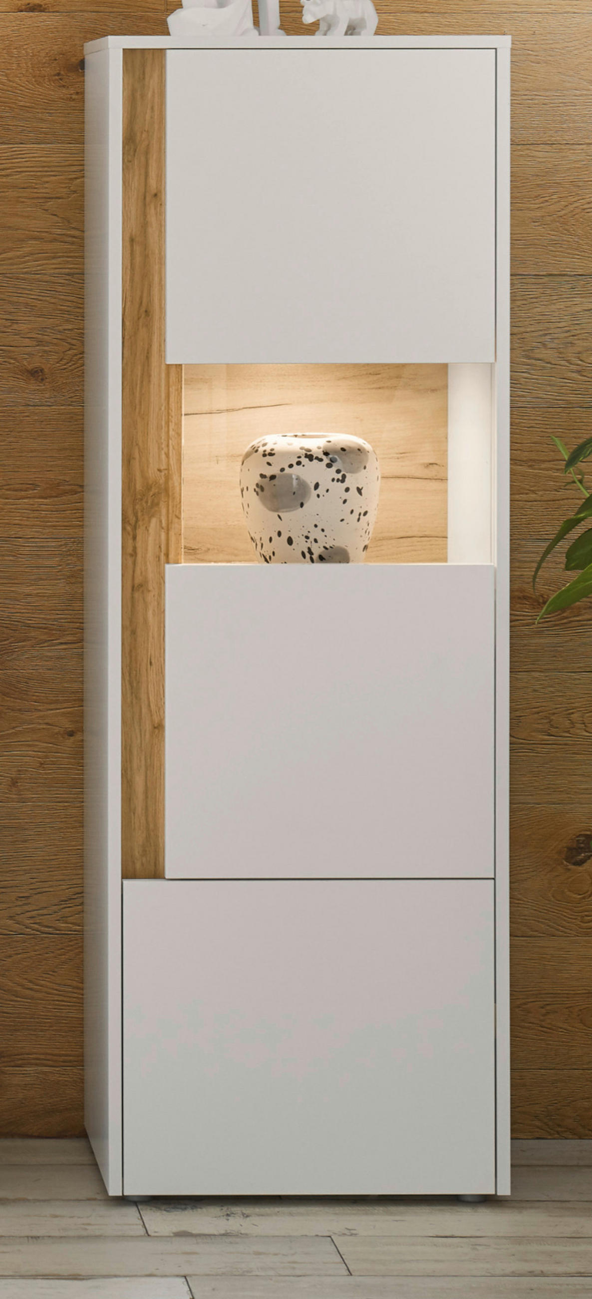 VITRINE weiß, Eiche Wotan 50 x 155 cm, Vitrinenschrank mit 4 Fächern - Eiche Wotan/Schwarz, Glas/Holzwerkstoff (50/155/40cm) - Furn.Design