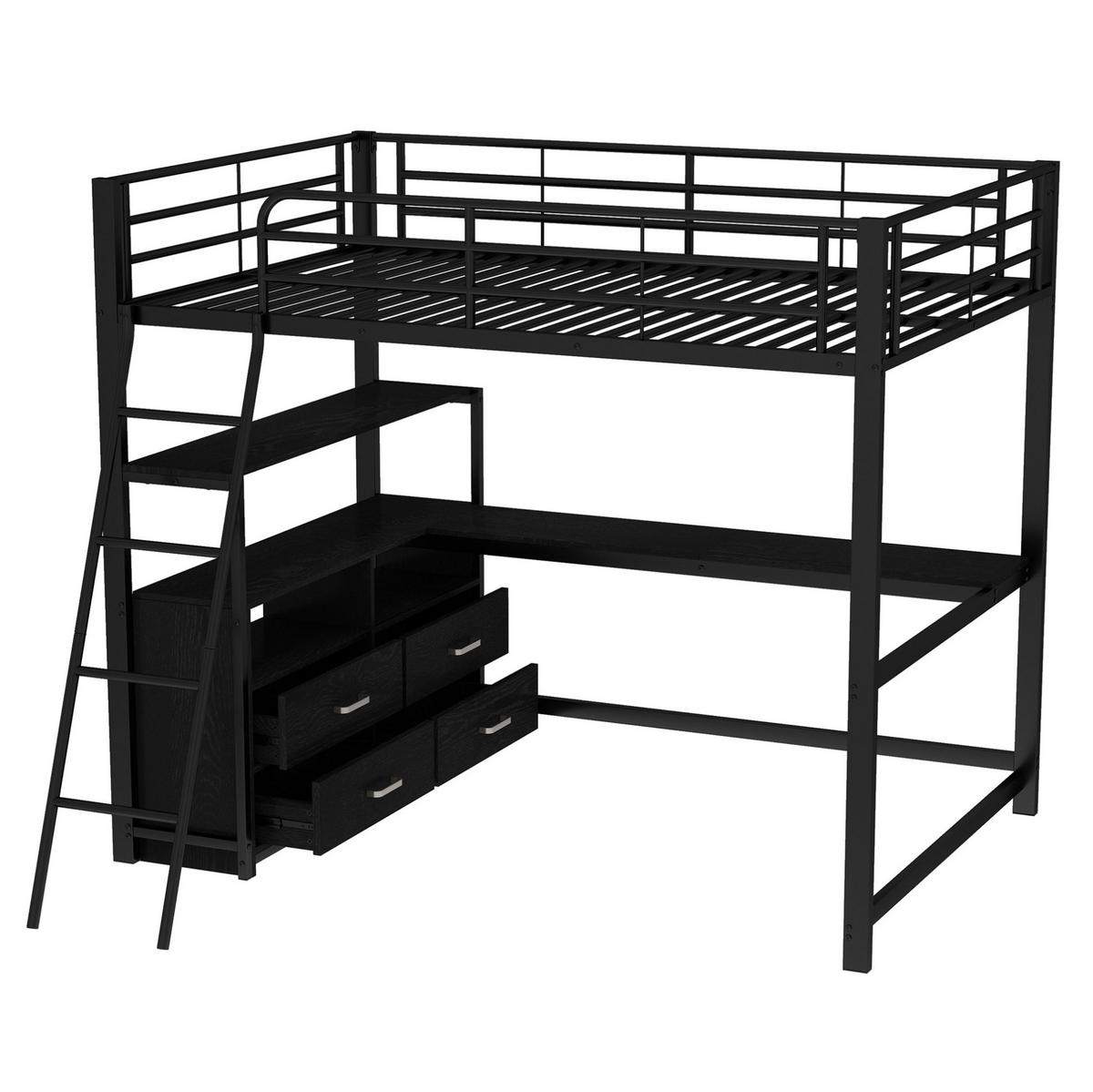 HOCHBETT aus Metall und MDF 140x200 cm Schwarz mit L-förmigem Schreibtisch, Schubladen und pflegeleichter Oberfläche - Schwarz, Metall (135/190cm) - Modfu