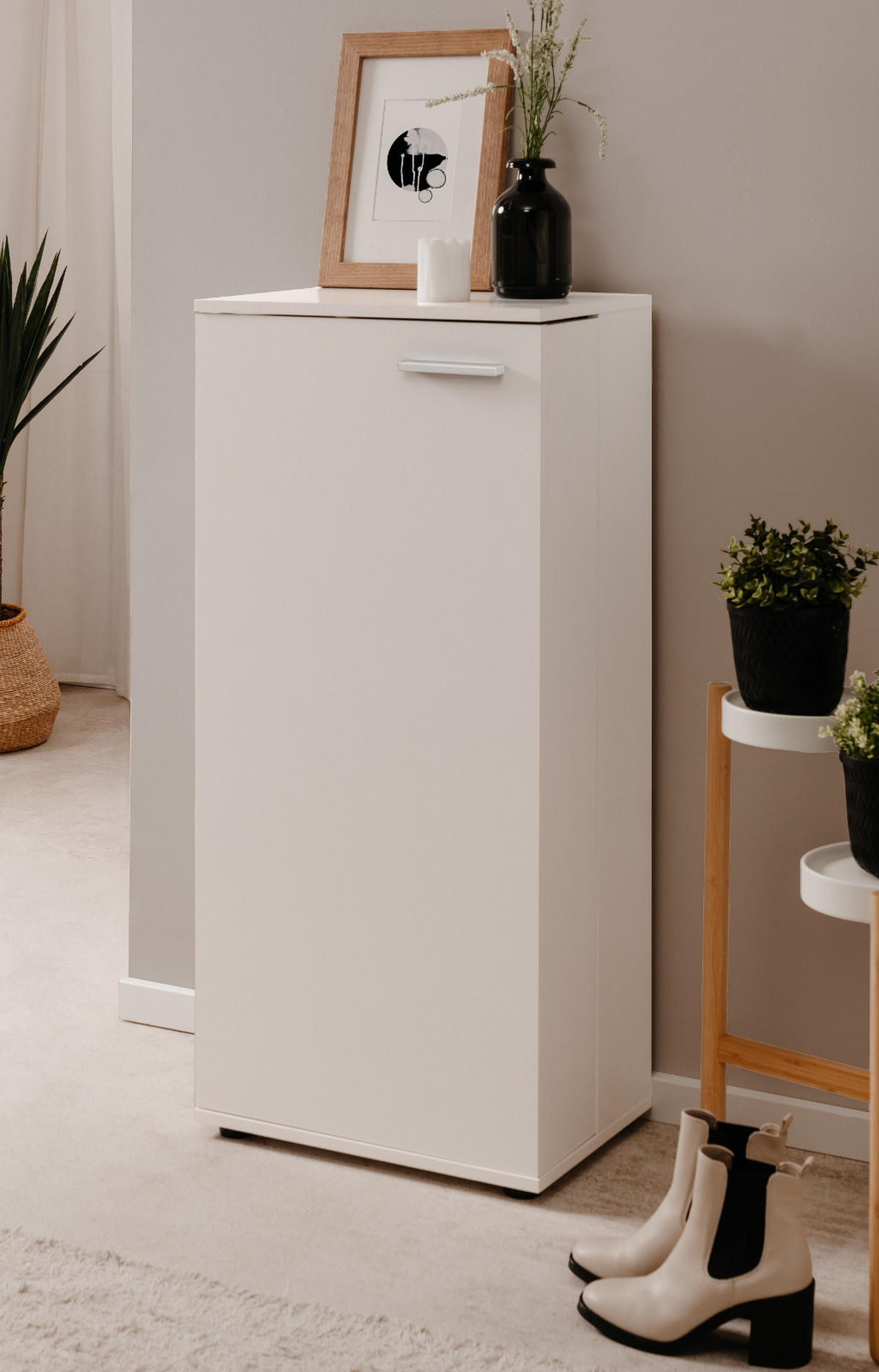 SCHUHSCHRANK weiß 50 cm, Schuhkommode aufklappbar für 12 Paar Schuhe - Silberfarben/Schwarz, Holzwerkstoff/Kunststoff (50/110/34cm) - Furn.Design