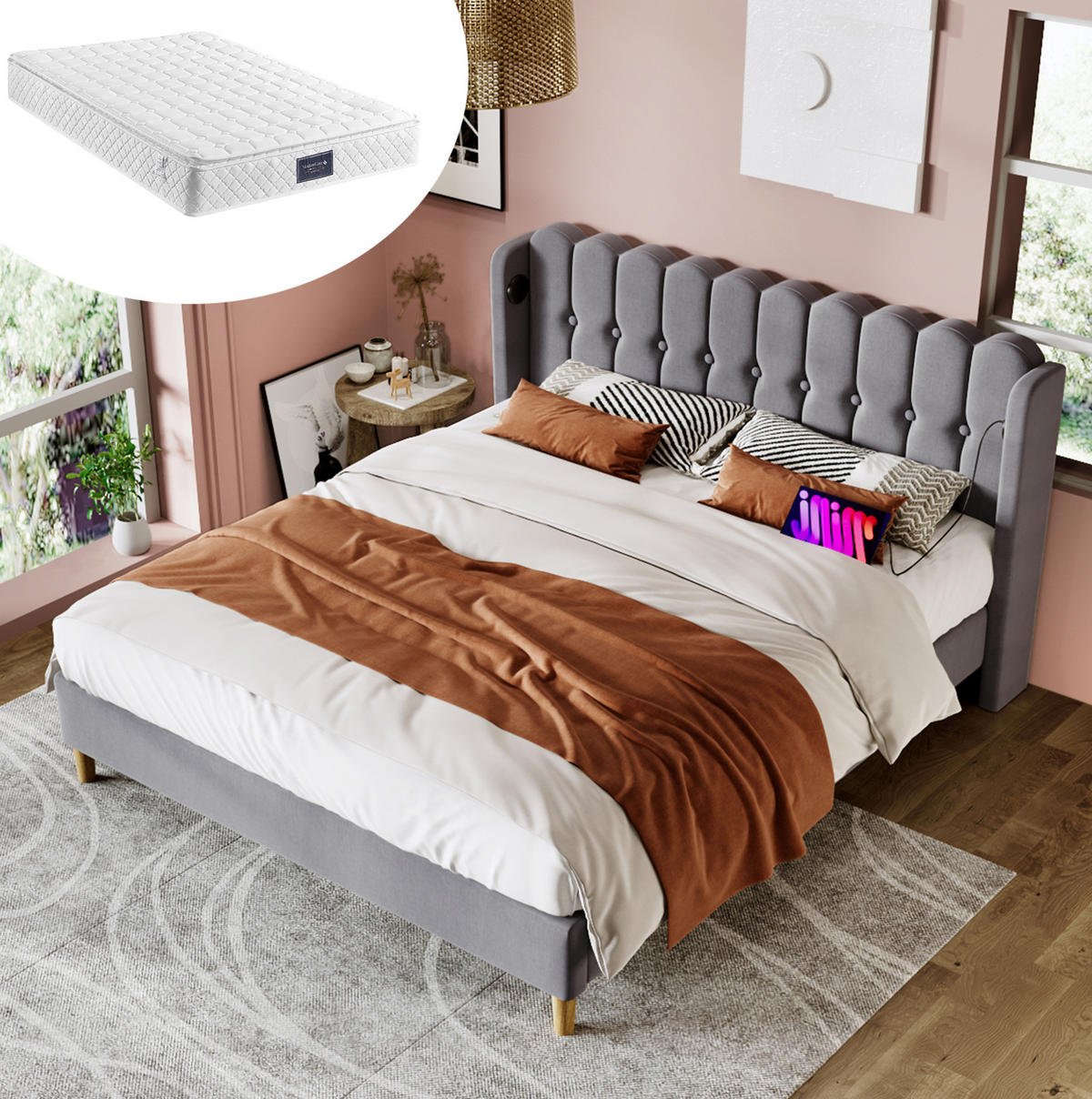 POLSTERBETT 160/200 cm mit USB- und Typ-C-Anschluss, gepolstertem Kopfteil und Matratze, Grau - Grau, Textil (160/200cm) - Redom